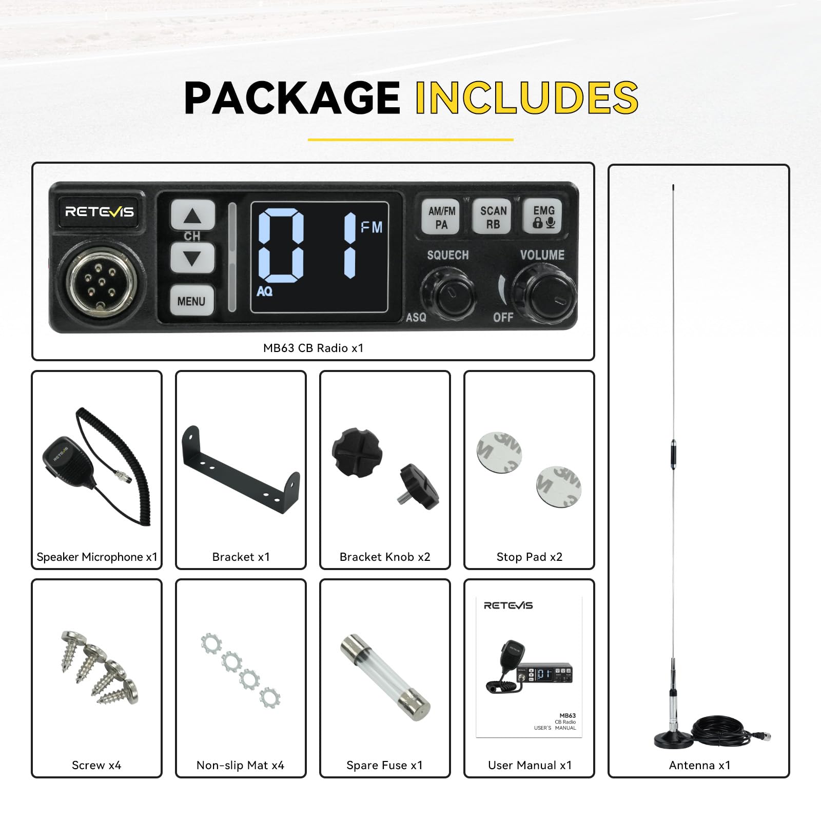 Retevis MB63 CB Radio, CB Radio Kompletny z Anteną, Wyświetlacz LCD, AM/FM, VOX, SQ/ASQ, EMG CH9/19, CB Radio Ręczne do Samochodu (1 Sztuk, Czarny)