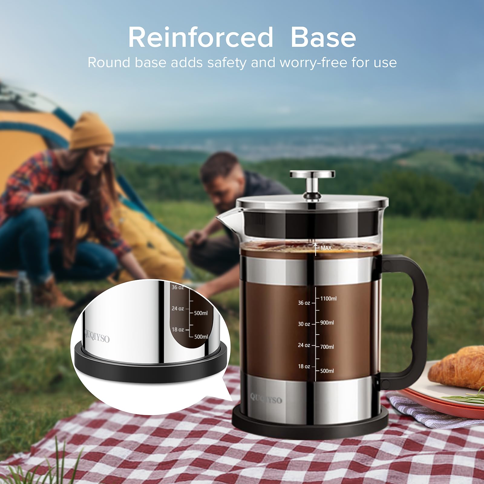 QUQIYSO Cafetera de prensa francesa de acero inoxidable 304 de 50 onzas con 4 filtros, resistente al calor, duradera, fácil de limpiar, prensa de café de vidrio de borosilicato, plateado