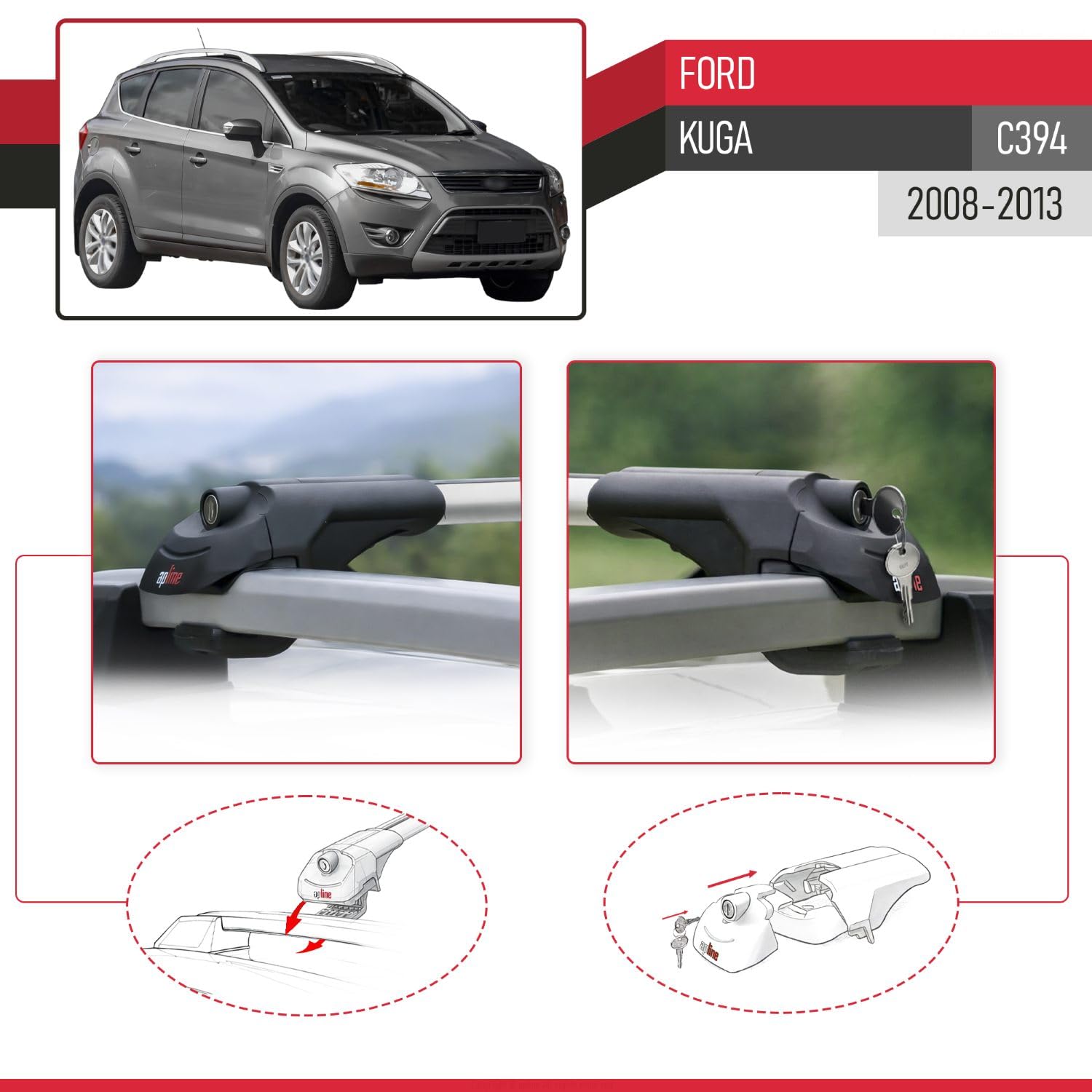 RE&AR Tuning Compatible con Ford Kuga (C394) 2008-2012 Ace-1 Barras de Techo Auto Portaequipajes Barras Transversales Gris Aluminio 2 Barras