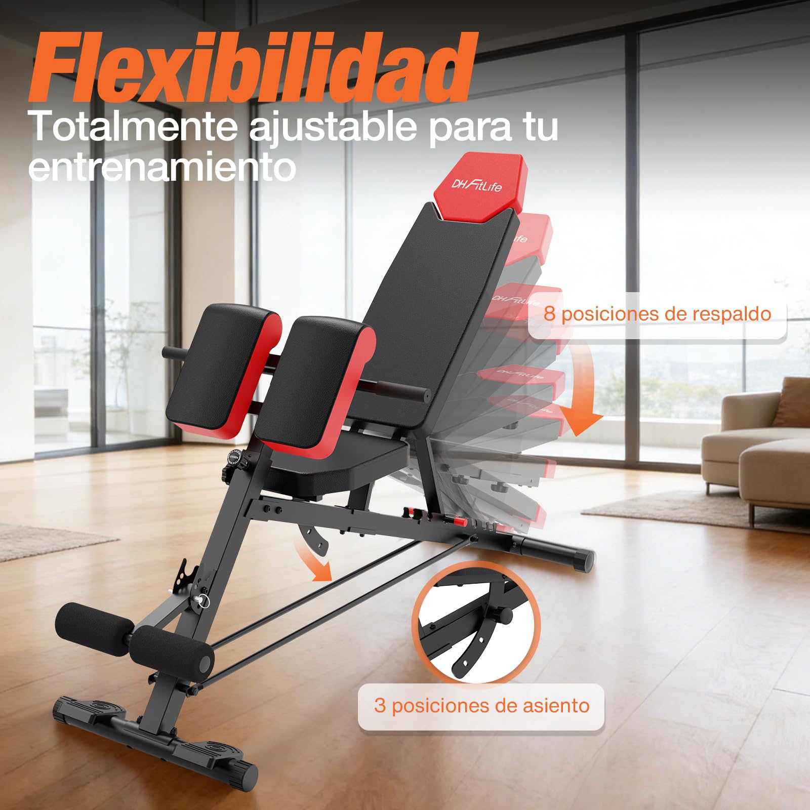 DH FitLife Banco de pesas ajustable 6 en 1 350 kg, multifuncional plegable para press de banca y entrenamiento completo en casa y gimnasio