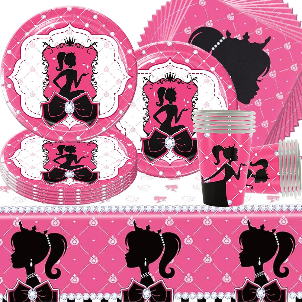 SUNSK Prinsessenfeestserviesset voor verjaardag, feest, servies, papieren bekers, papieren borden, servetten, tafelkleed, feestaccessoires, kartonnen borden, set voor prinses, verjaardagsdecoratie, 41