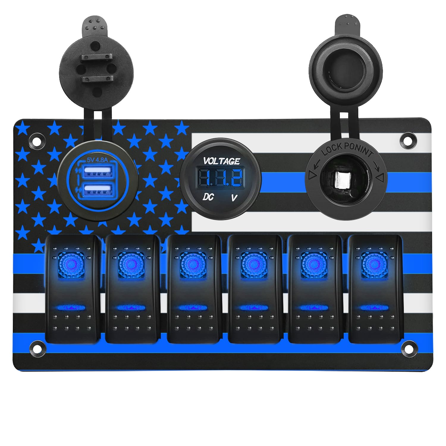 Ambuker 6 Gang Aluminum Switch Panel with American Flag Pattern 6Pin ON/Off Toggle Switch with 5V/4.8A Dual USB Car Charger Digital Voltmeter and