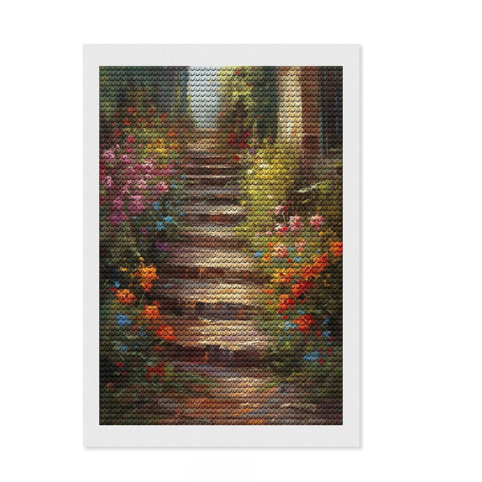 Junmoney Brick Path with Flowers Diamond Art Canvas 8"x12", for Teens, Modern Decor, Easy to Enjoy, Holiday Gift Idea, Pleasing Wall Art Project