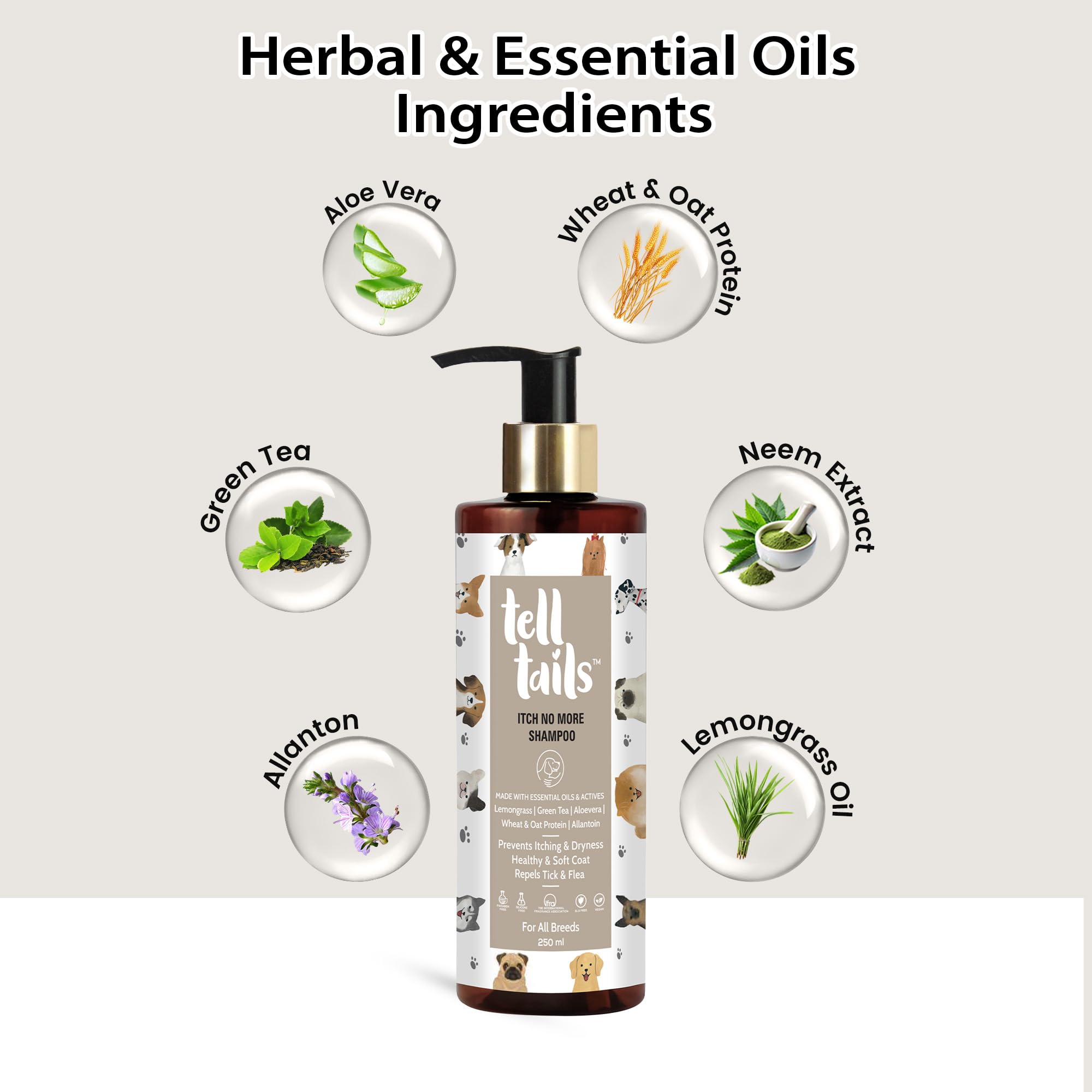 TELLTAILS Itch No More Dog Shampoo - 250ml - Prevents Itching, Removes Ticks & Fleas - Softens, Strengthens & Adds Shine - Lemongrass, Green Tea, Aloe Vera, Oat Protein - for Shih Tzu & All Breeds 1