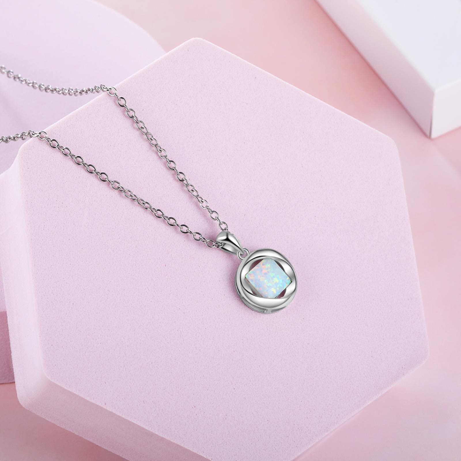 SALAN Collares con Colgante De Ópalo De Plata De Ley 925 para Mujer, Collares De Eslabones De Cadena De Piedra De Ópalo Blanco Cuadrado, Joyería Fina