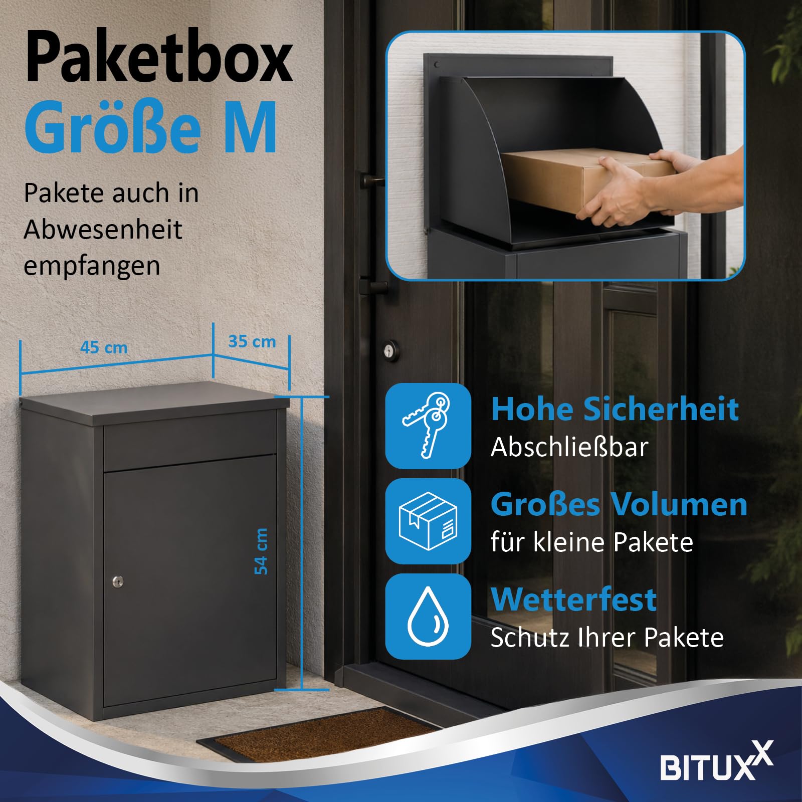 Bituxx Paketbox Größe M 54 × 45 × 35 cm - abschließbarer Paketkasten für kleine Pakete bis 37 × 28 × 15 cm, wetterfest, Soft-Close, 2 Schlüssel, Wand- & Bodenmontage, Anthrazit