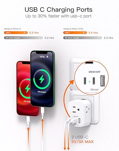 Miniatura 4 de Paquete de 2 Adaptador de enchufe de viaje europeo adaptador de enchufe internacional con 3 tomacorrientes 3 puertos de carga USB 2 USB C adaptador