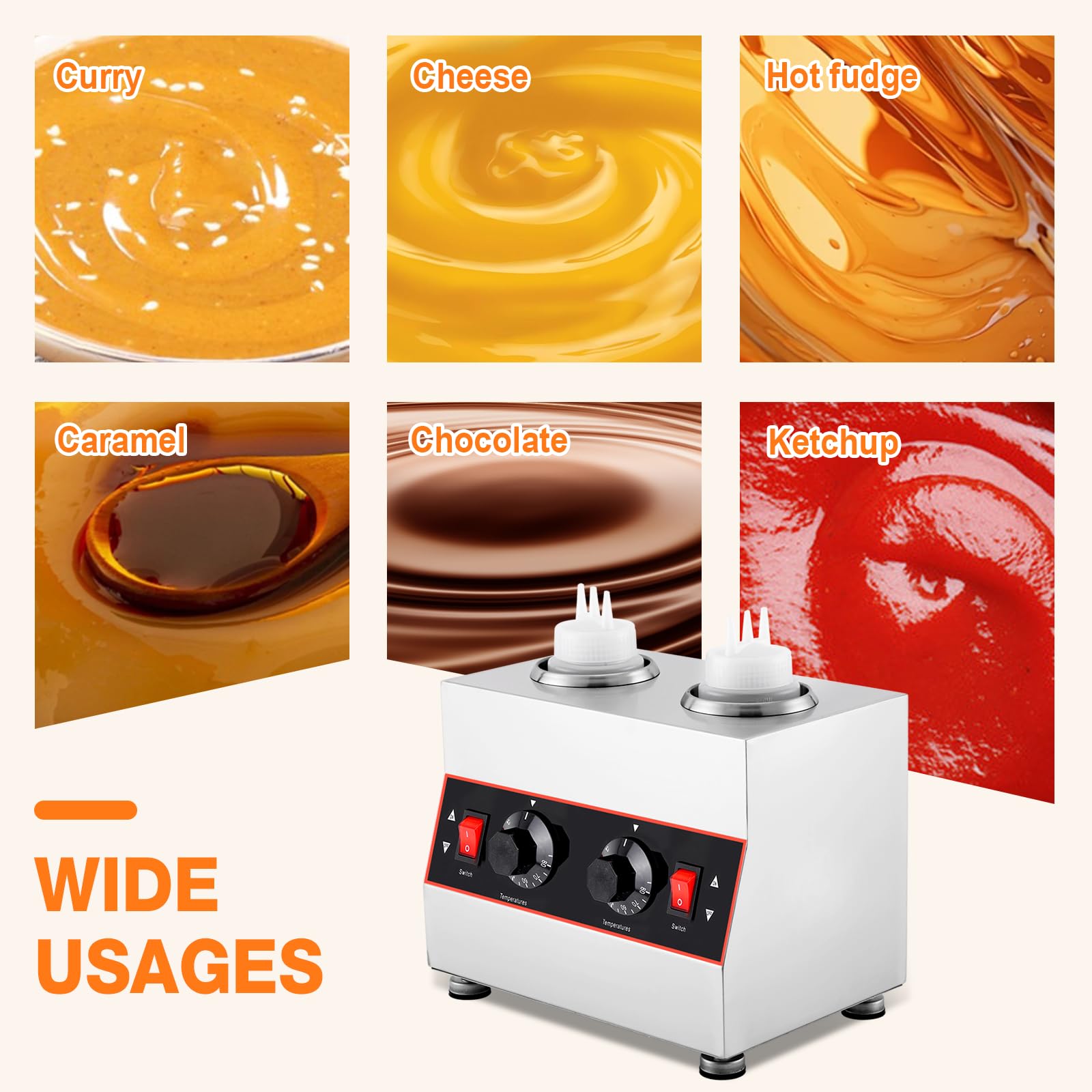 YUCHENGTECH Chauffe-Sauce Électrique, Température Réglable 86-185 ℉,320W | Distributeur Chauffant pour Sauces en Acier Inoxydable avec 2 Bouteillespour Chocolat, Fromage, Ketchup et le Fudge