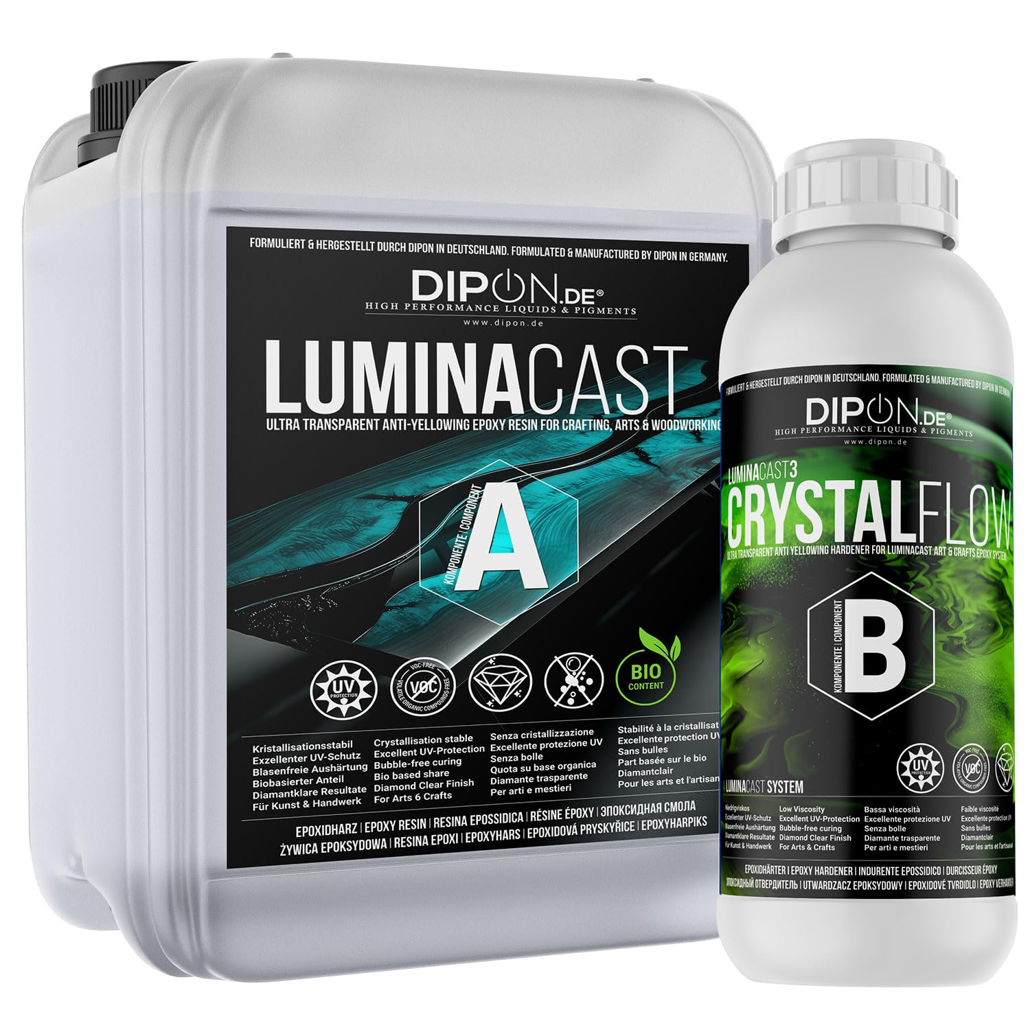 DIPON LuminaCast 3 Crystal Flow 2K Epoxidharz – Ultra Glasklar & selbstentlüftend | Für Resin Art, GFK, MDF, Schmuck & Geode-Kunst | UV-stabil, vergilbungsarm (3,0 kg (2,0 kg A+ 1,0 kg B))