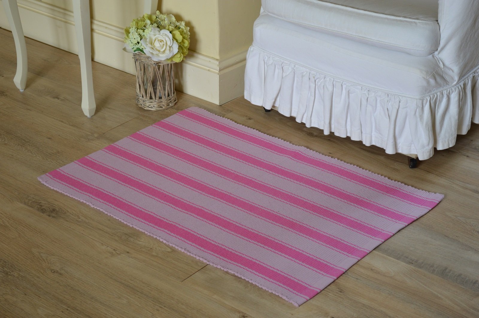Quayside Home Pink Floor Rug, 100% Cotton Solent Stripe Rib Weave Fuchsia /Orchid 60X90cm 2X3