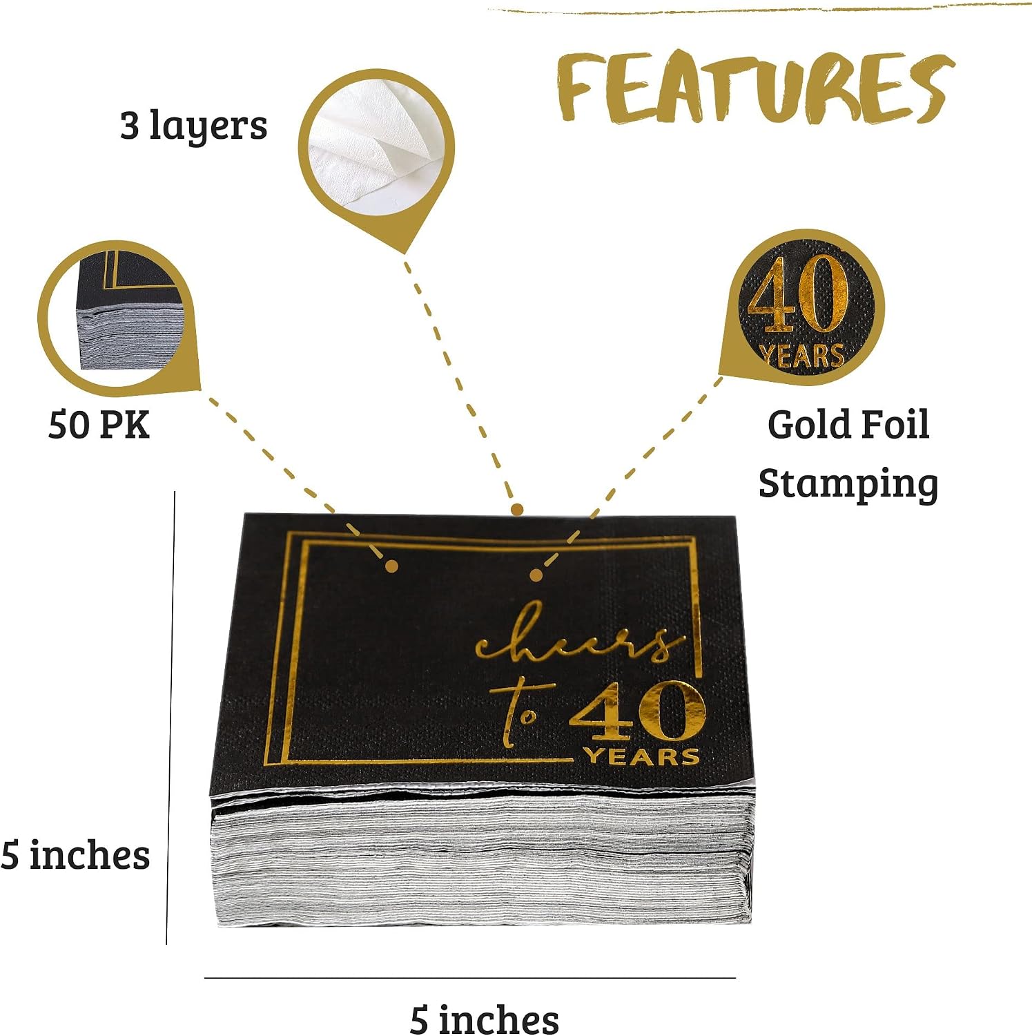 Cheers to Years Cocktail Napkins - 50PK - 3-Ply Birthday Napkins 5x5 Inches Disposable Party Napkins Paper Beverage Napkins for Birthday Decorations Wedding Anniversary Black and Gold (40 Years)
