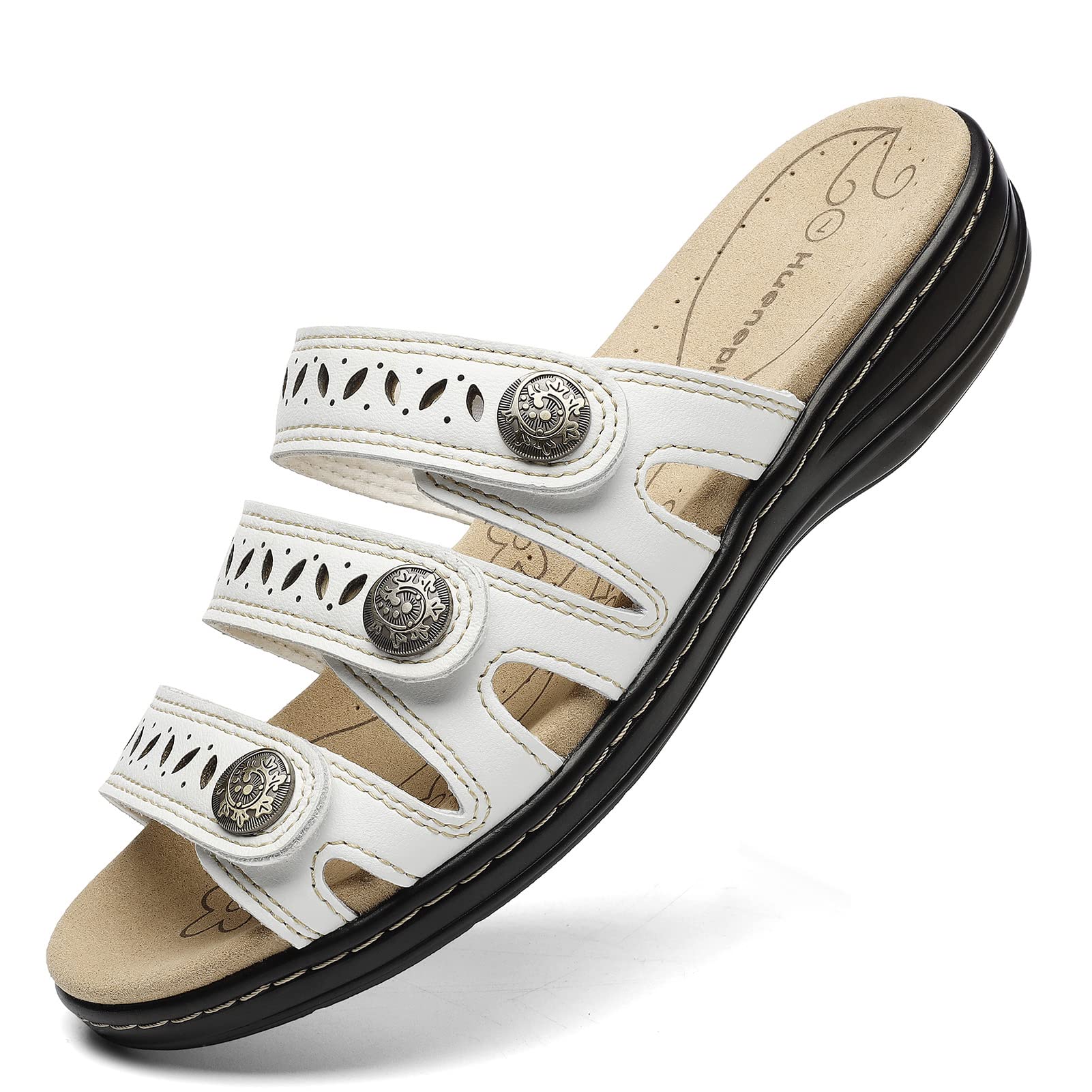 Hueneph Women's Comfort Leather Slides Lightweight Flat Sandals Cute Slip On Casual Walking Slippers