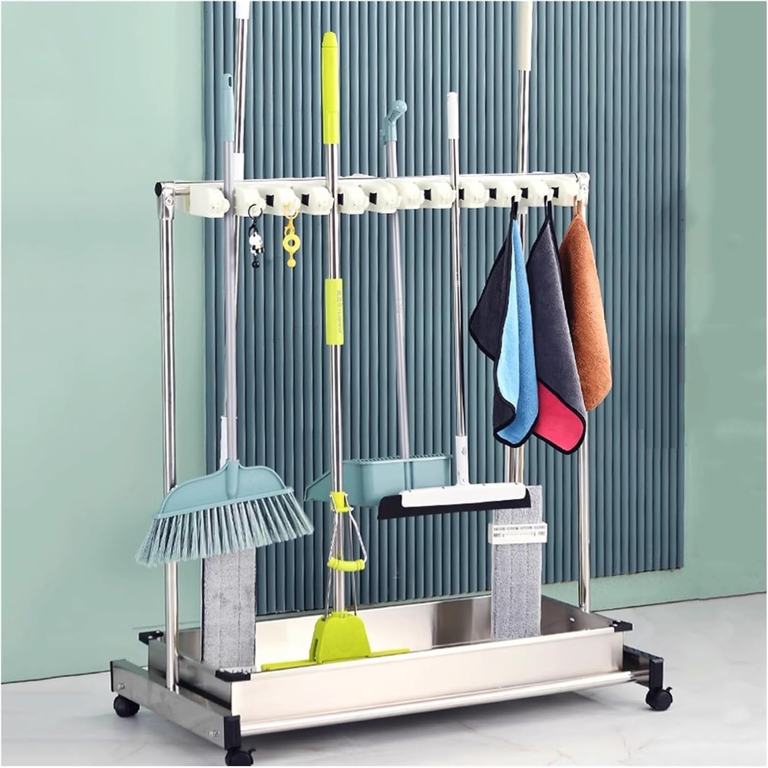 ASerZenith Movable Broom Mop Holder - Cleaning Cart On Wheels For Easy Storage, Organizer Rack For Brooms, Mops, And Garden Tools - Ideal For Garage And Closet,Silver-68X51X109Cm(5Slots)