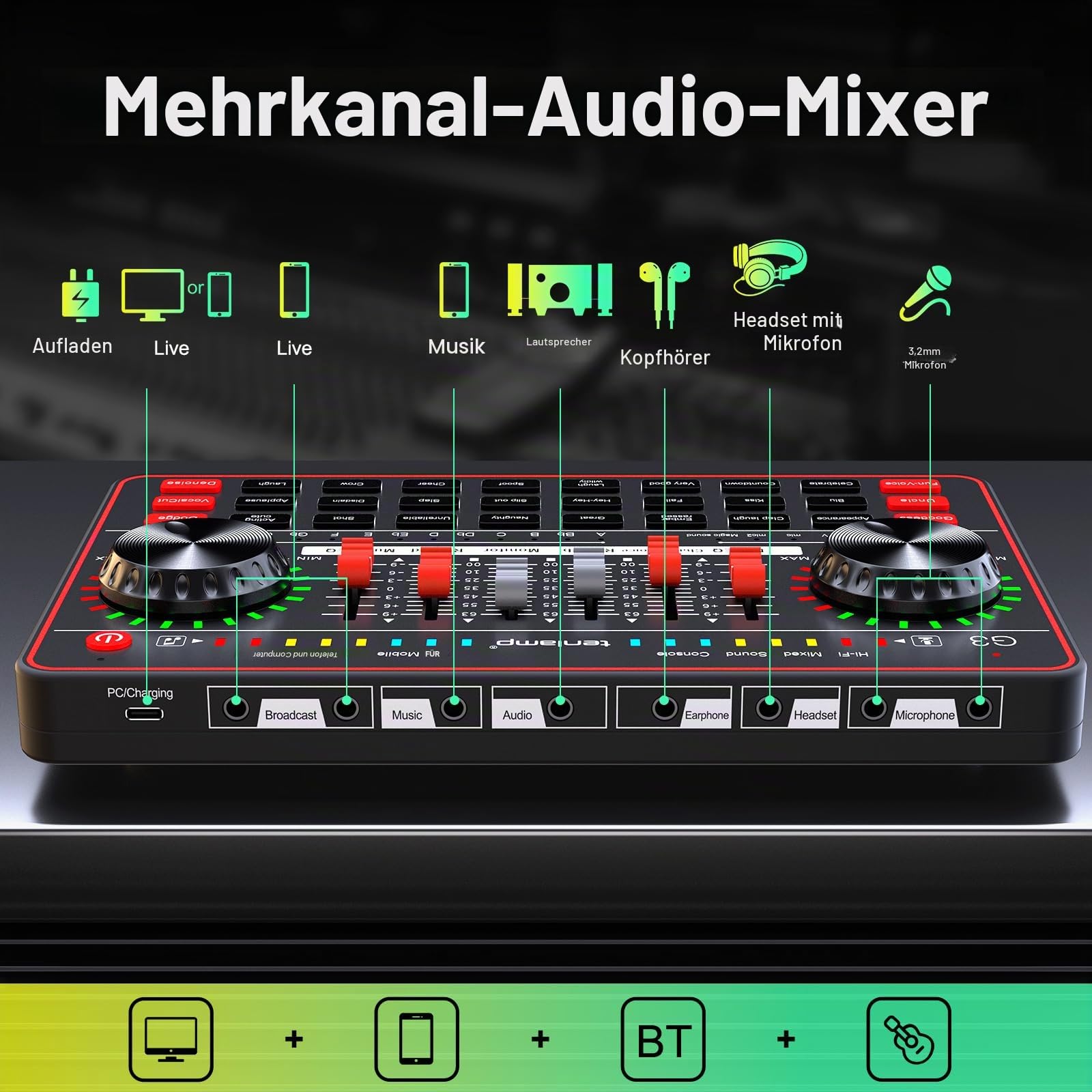 TENLAMP G3 Podcast-Equipment, Audio-Interface mit Soundeffekten, 3,5mm Kondensatormikrofon-Set, Tischstativ, Stimmenverzerrer, Rauschunterdrückung, für PC, Handy, Gaming, Gesang, Live-Streaming
