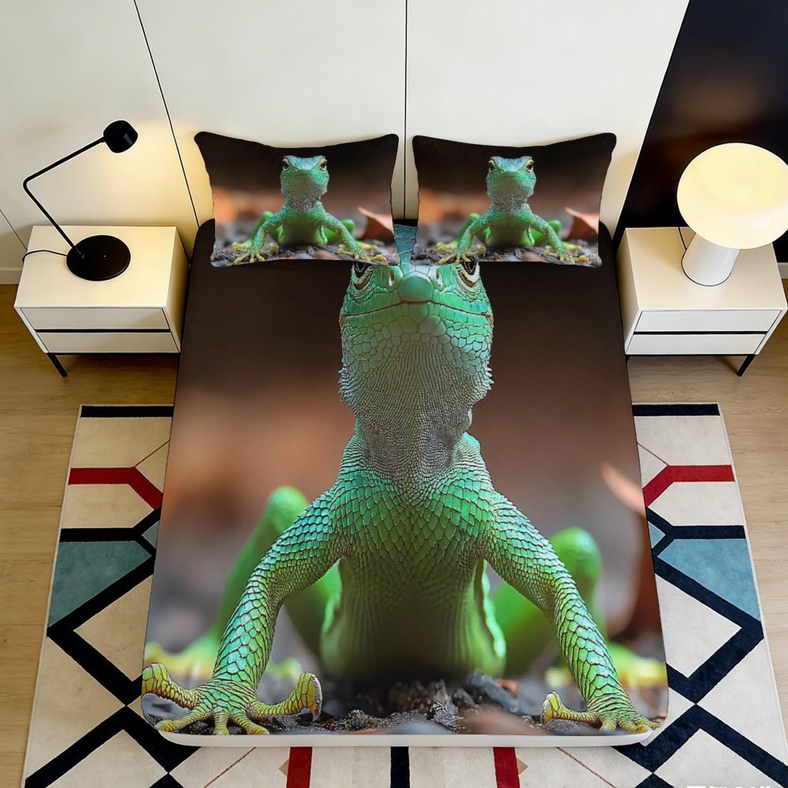 3D Printed Green Lizard Fitted Sheet Microfiber Durable Breathable Gecko Bed Cover for Bedroom Dormitory Guest Room Mattress Protection 140x200x25cm