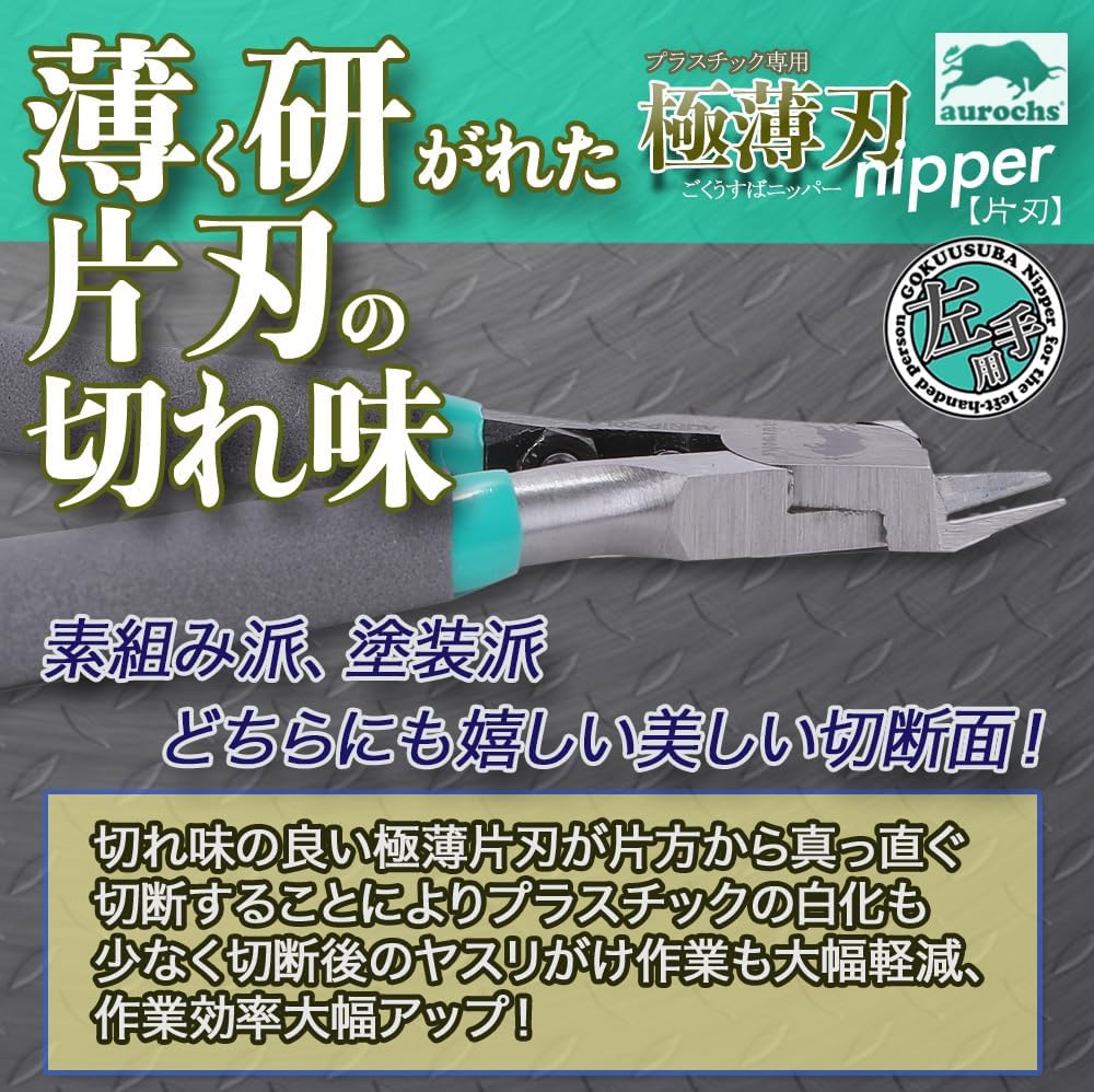 aurochs Ultra-Thin Blade Nipper, for Left Hand, Thin Blade, Single Edge, Tool, Plastic Model, Gray & Mint