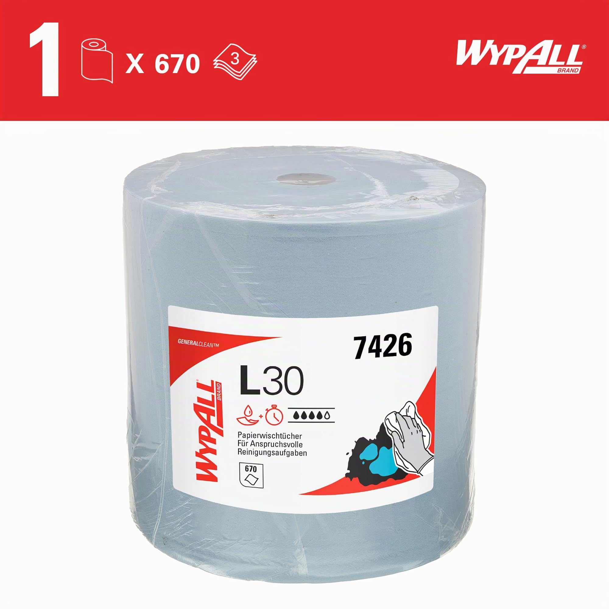 WypAll L30 Papiertücher für industrielle Reinigung 7426, Jumbo Rolle, hohe Saugfähigkeit, extra breit, 3-lagig, 1 Rolle x 670 blaue Tücher (Gesamt 670 Stück)