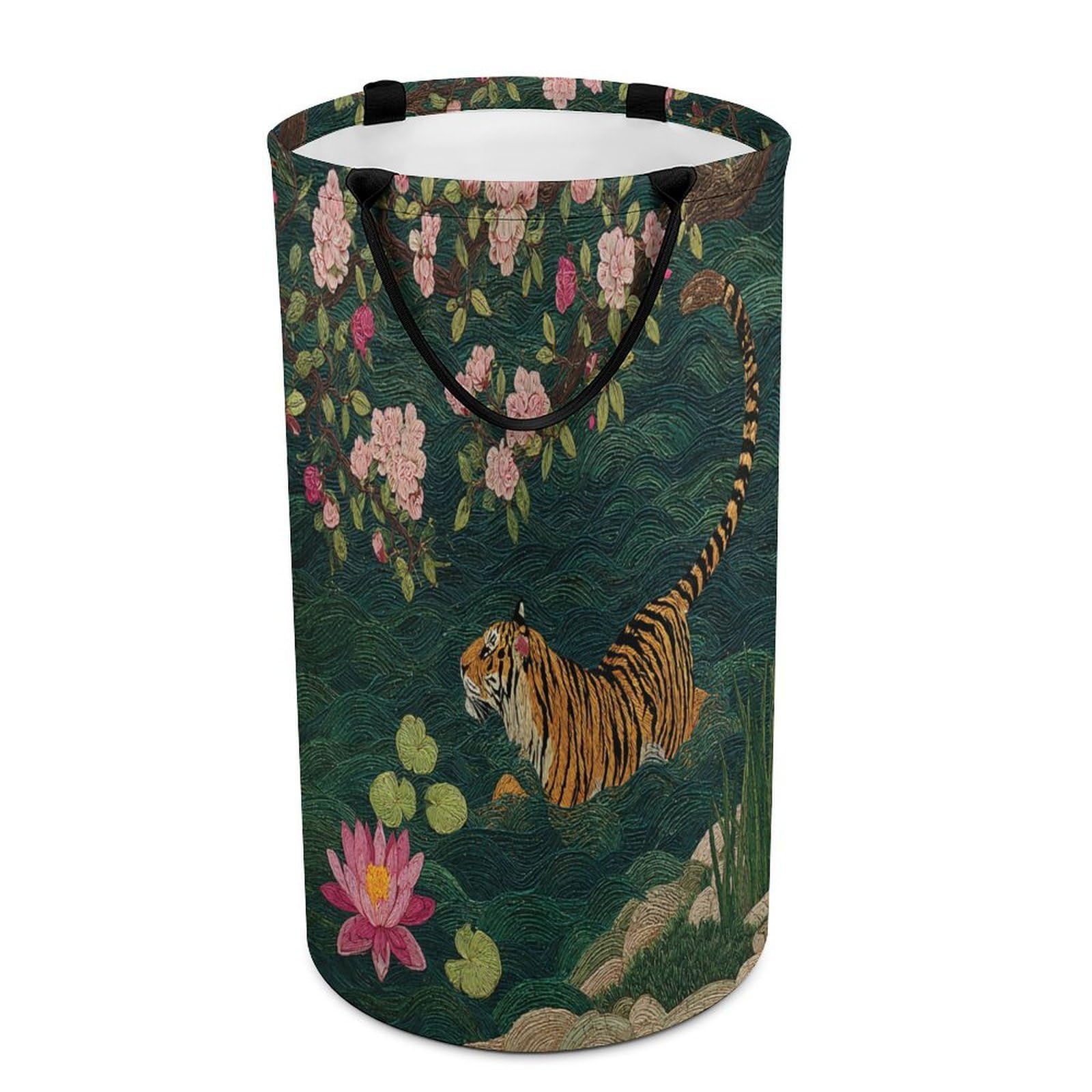 LUYYSKY Elegant Realistic Animal Tiger Collapsible Dirty Clothes Basket, Retro Rustic Japanese Cherry Blossom Lotus Flowers Portable Clothes Storage Laundry Basket-40 CM Dia, 69 CM High