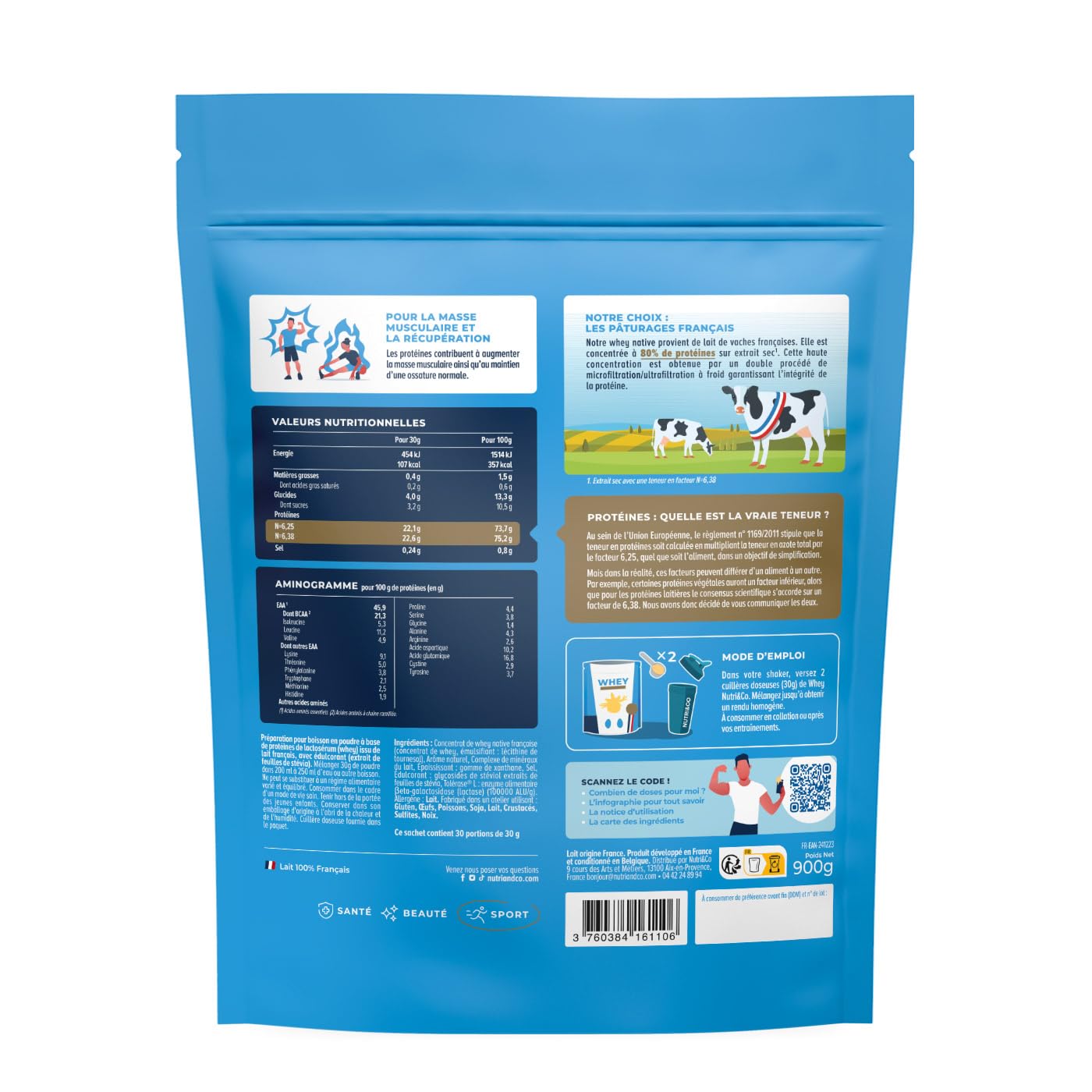 NUTRI & CO Whey Concentrate Native - Jusqu’à 80% de Protéines - Pur Lait Français Low Lactose Digestion Facile - Riche en BCAA - Prise de Masse & Musculation - 900g 30 portions goût Vanille