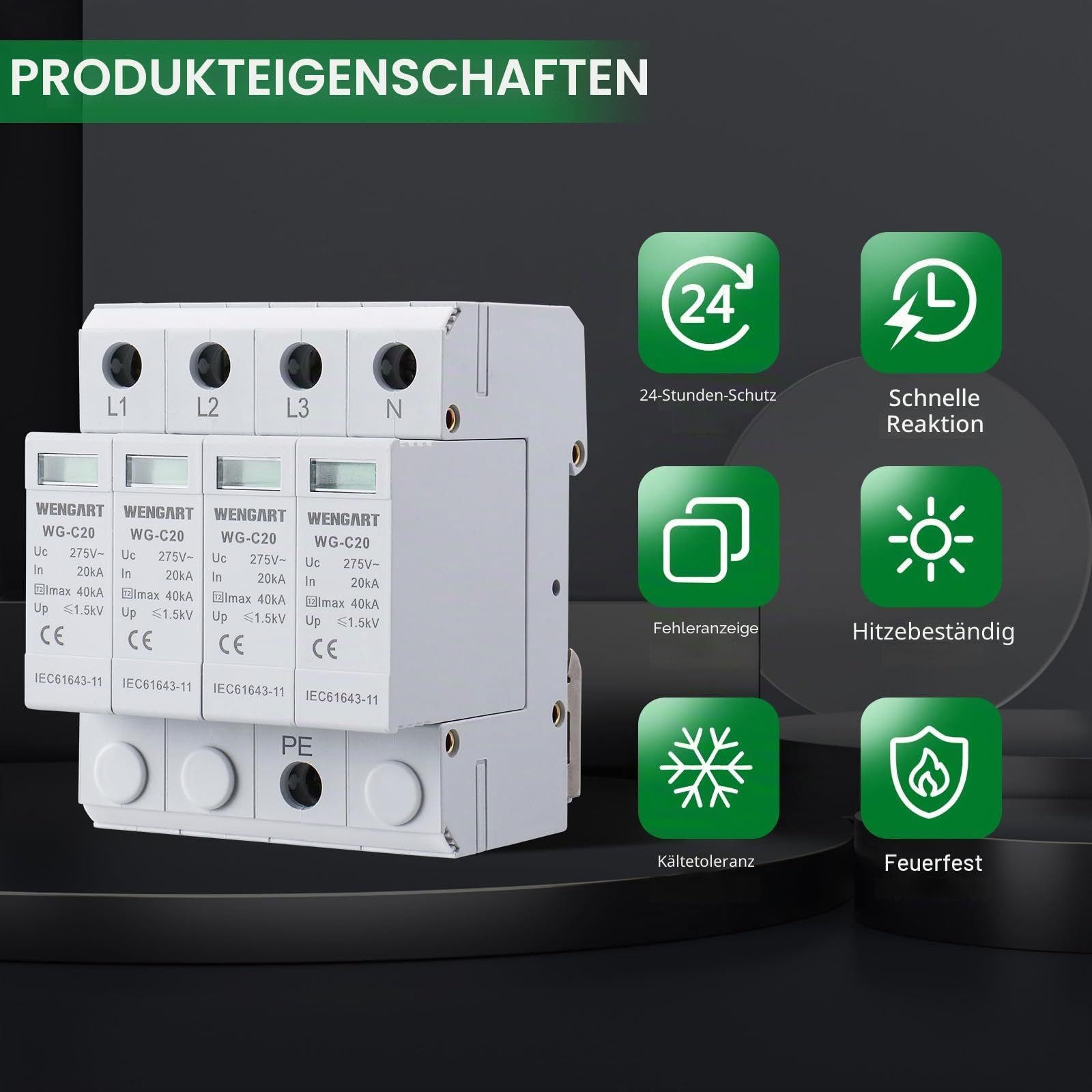 Wengart Überspannungsschutz Typ 2 (SPD), 4-polig 20kA-40kA, AC 275V, Hausableiter für TN-S & TT-Systeme, Blitzschutzmodul für DIN-Schiene, Steckbar & mit Statusanzeige, WG-C20