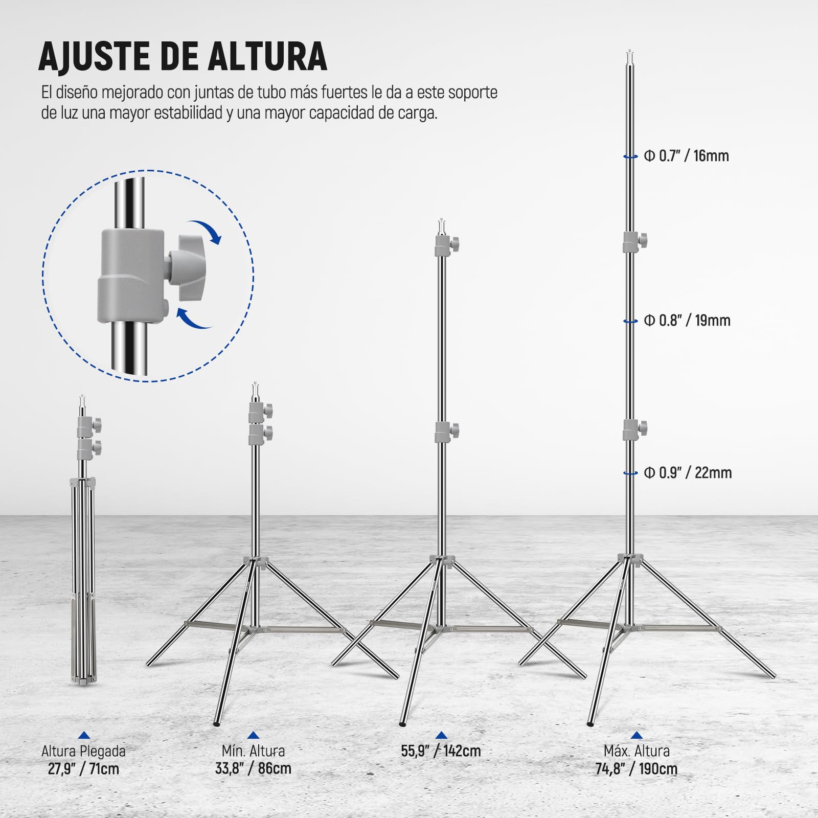 NEEWER 190cm Soporte de Luz Mejorado Soporte de Trípode Fotografía Plegable con Resorte de Acero Inoxidable con Juntas de Tubo para Luz de AnilloLED Strobe Flash Softbox, Carga Máxima 6,5kg,ST-190SS