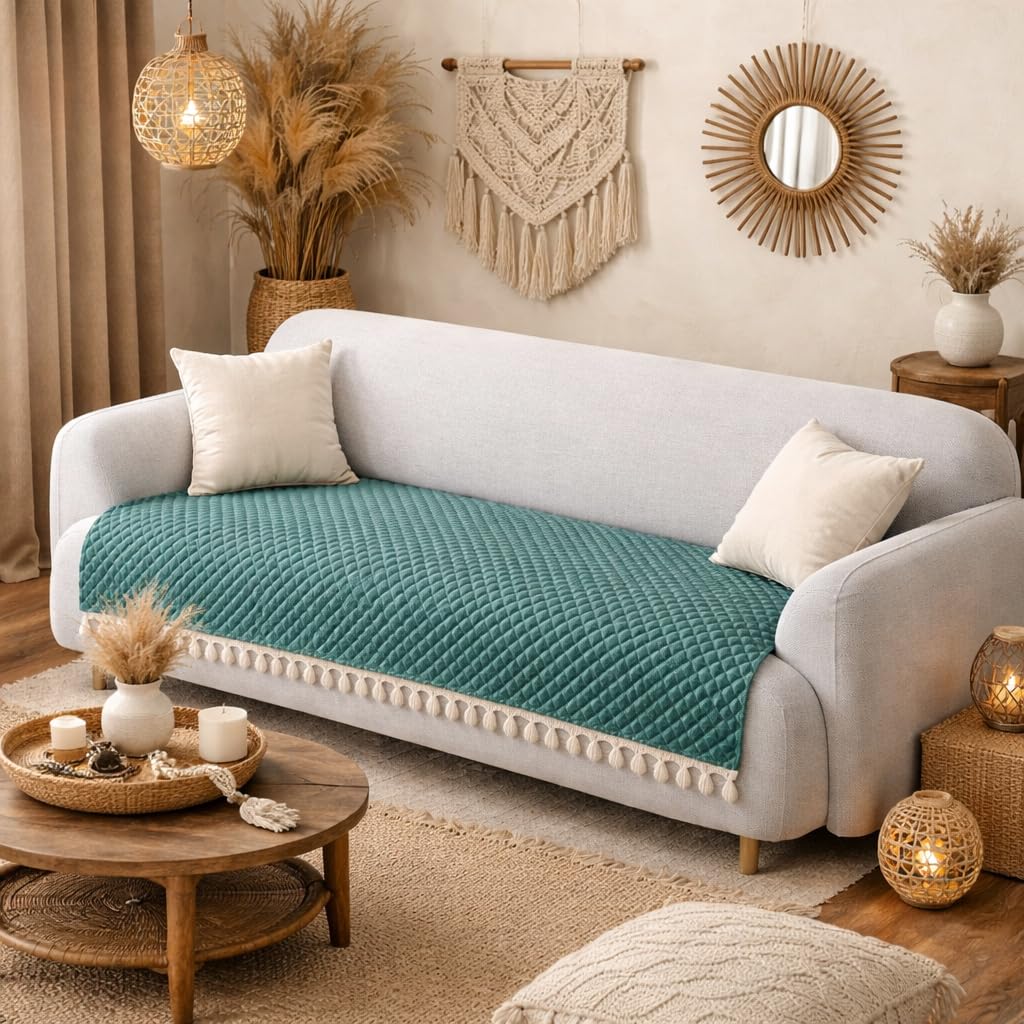 Venora Quilted Sofa Cover with Tassel Fringe - Non-Slip Couch Protector, Soft Washable, Pet Friendly (Teal, 3 Seater)-image-10