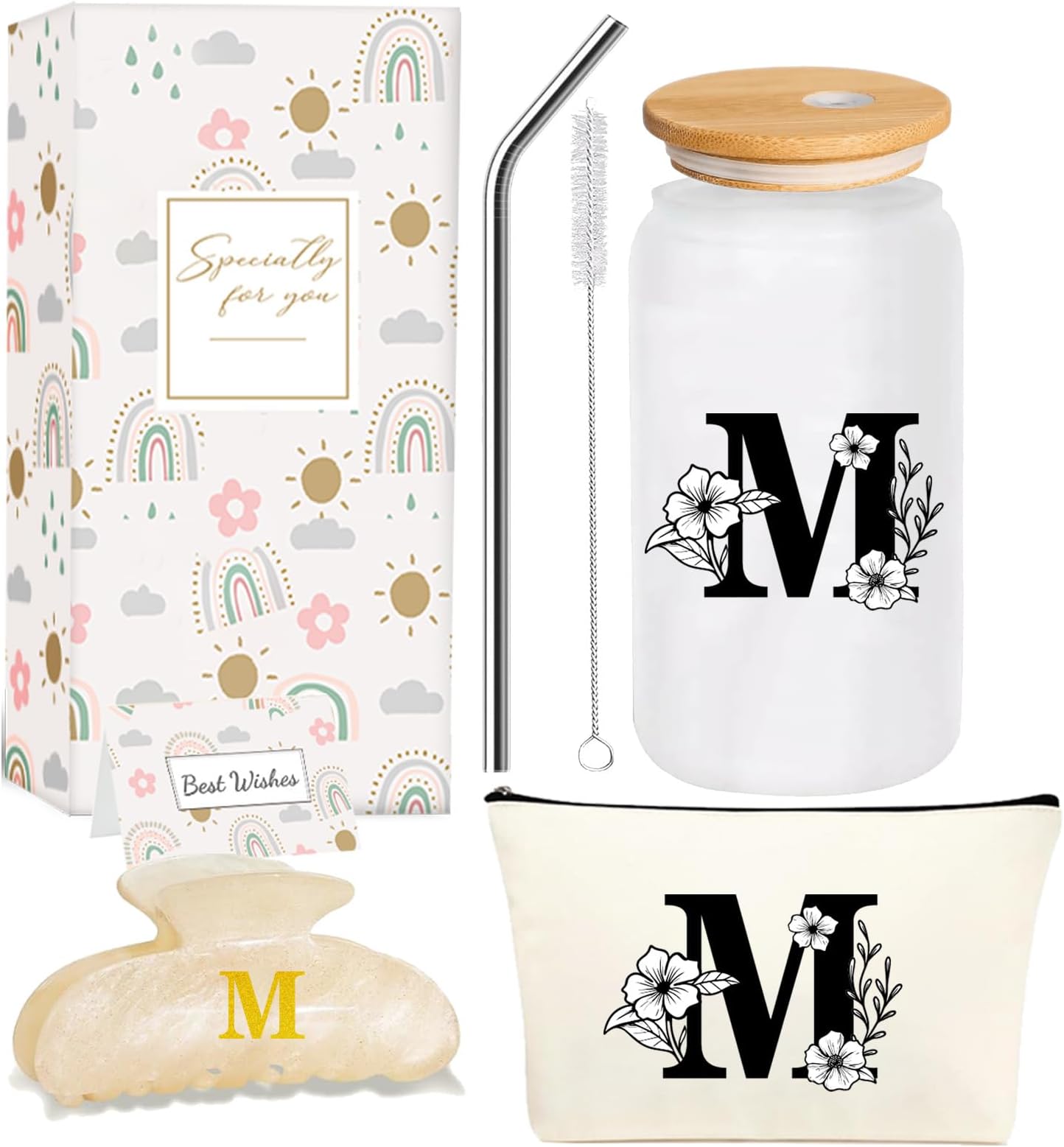 Monogrammed Initial Glass Cup Personalized Gifts for Women 16oz Initial Letter Glass Cups w/Lids Straws Birthday Valentine Mothers Day Gift for Her, M