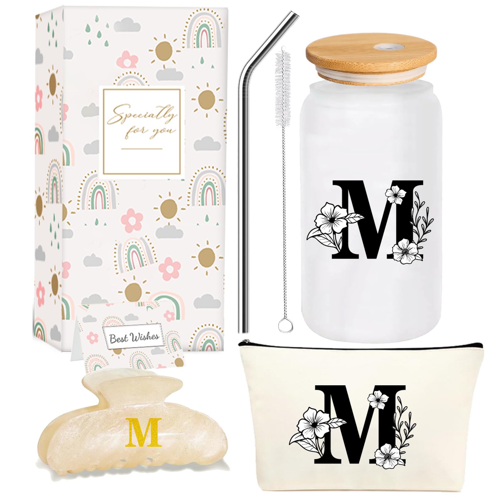 Monogrammed Initial Glass Cup Personalized Gifts for Women 16oz Initial Letter Glass Cups w/Lids Straws Birthday Valentine Mothers Day Gift for Her, M