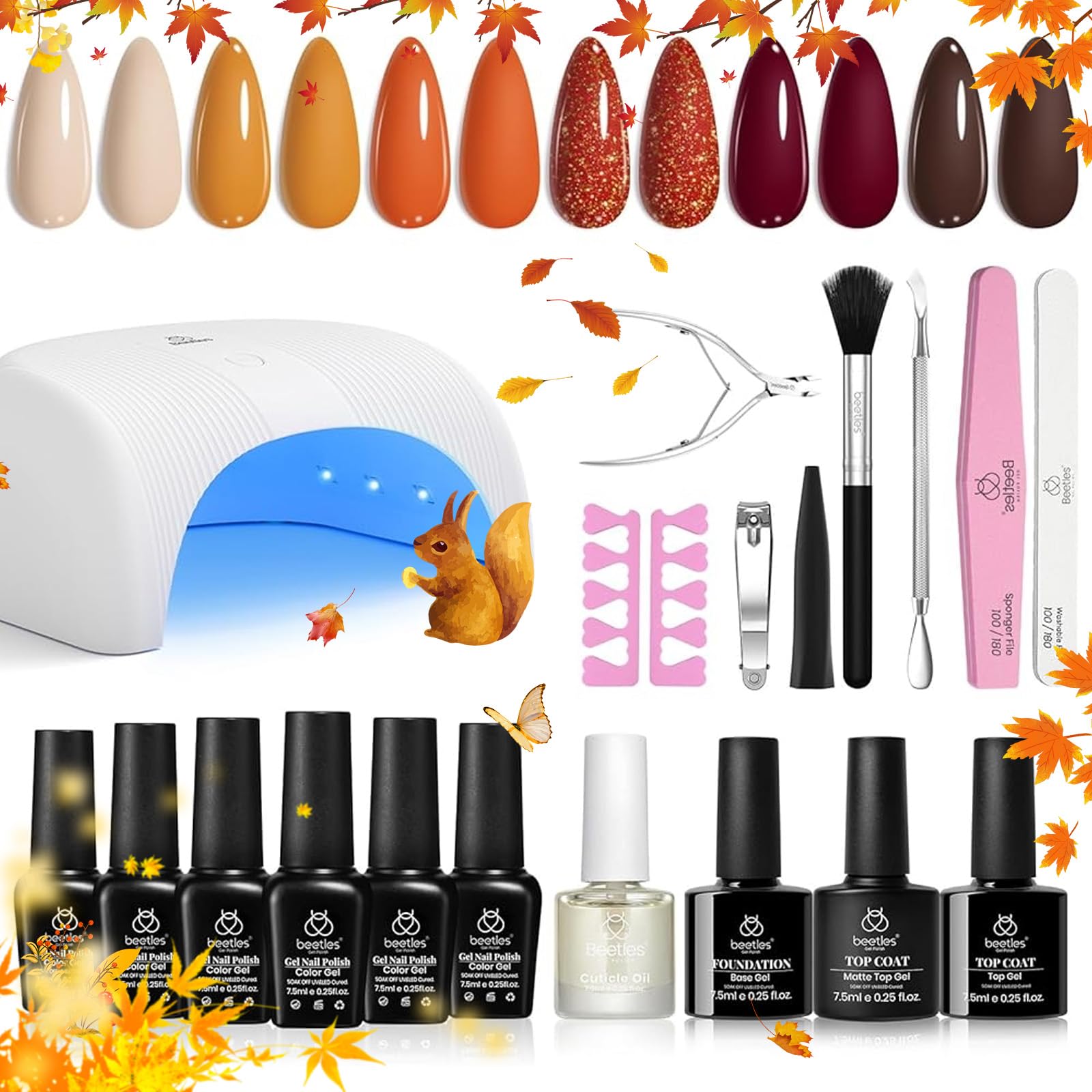 beetles Brown Gel Polish Starter Kit with Uv Light, 6 Colors Red Yellow Orange Glitter Sunny Stroll Gel Polish Set Base Top Coat Cuticle Oil Matte Accessories Soak Off Led Fall Gifts