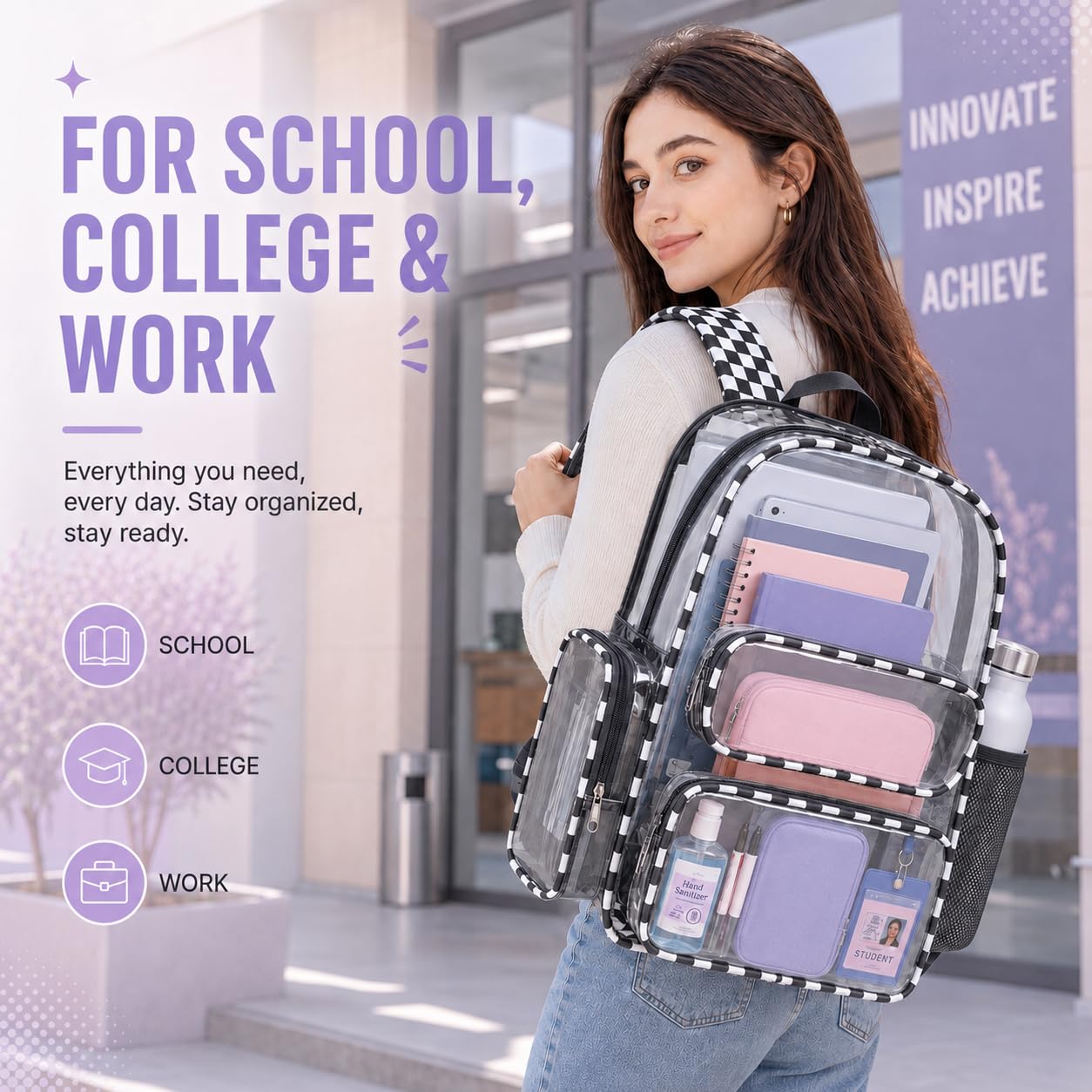 BTOOP Zaino trasparente resistente borsa trasparente da 43,2 cm trasparente per scuola, donne, uomini, lavoro, festival, sport, viaggi