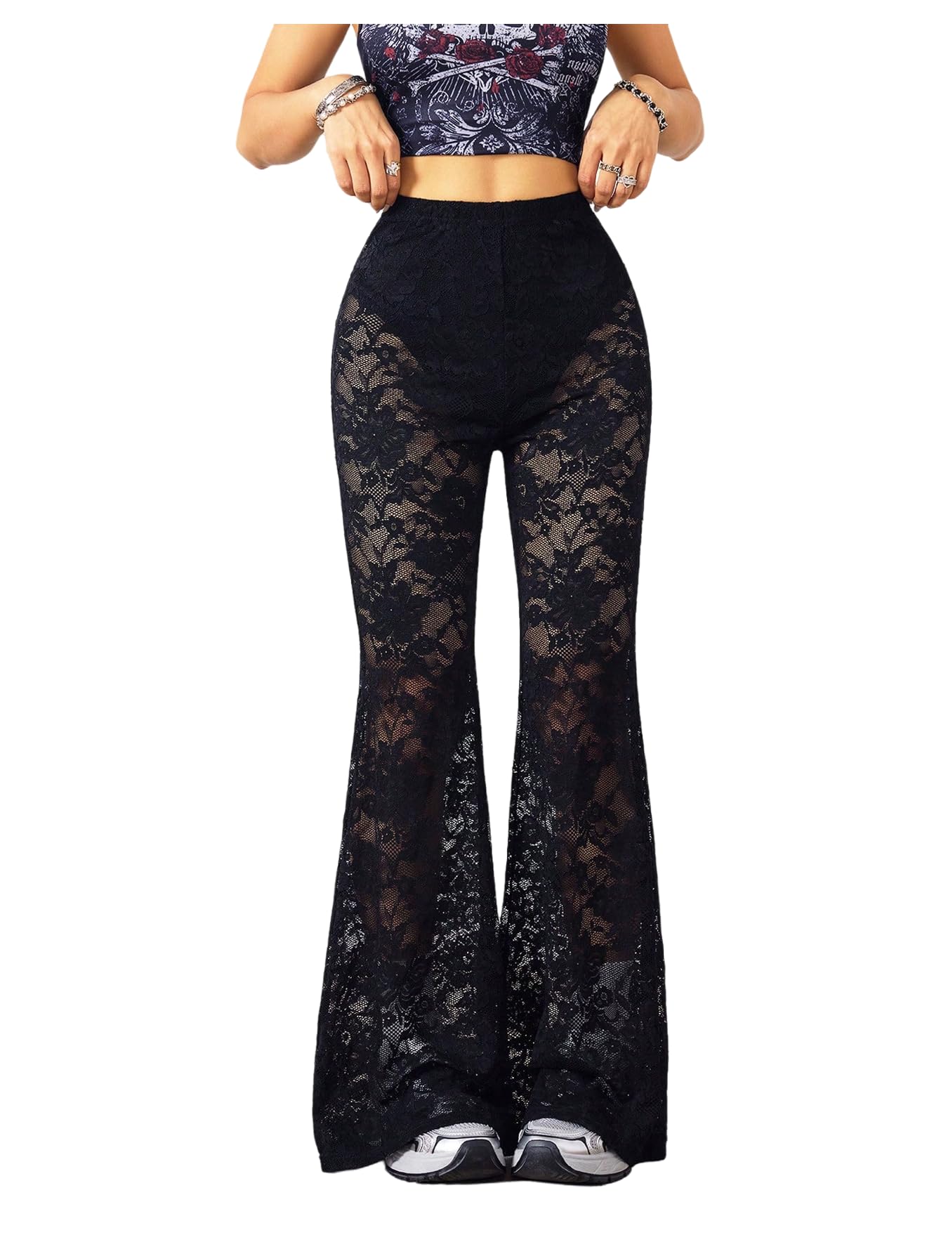 OYOANGLE Womens Lace Flared Pants Y2K High Waisted Skinny Bell Bottoms See Through Sheer Bootcut Trousers