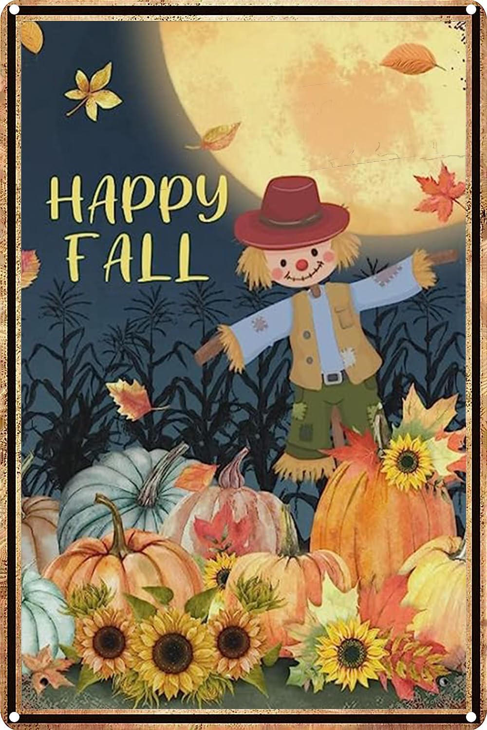 Happy Fall Thanksgiving Metal Tin Sign Autumn Scarecrow Harvest Pumpkins Vintage Metal Sign Fall Tin Signs for Kitchen Home Office Bar Cafe Decor 8x12 Inch