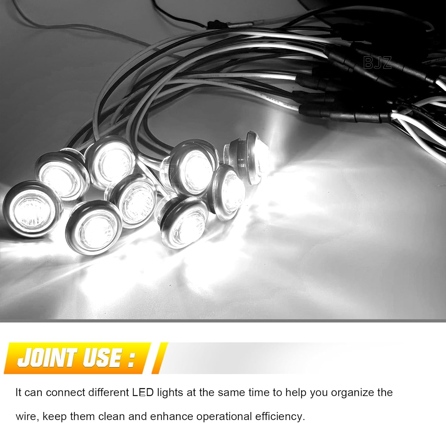 BJZ 20Pcs White 3/4'' Trailer LED Marker Side Clearance Tail Round Lights w/Connector Plug + 20Pcs 3/4" Round Stainless Steel Trim Ring Bezels + 20 Counts 2-PIN Female Bullet Plug Wire Harness Roll