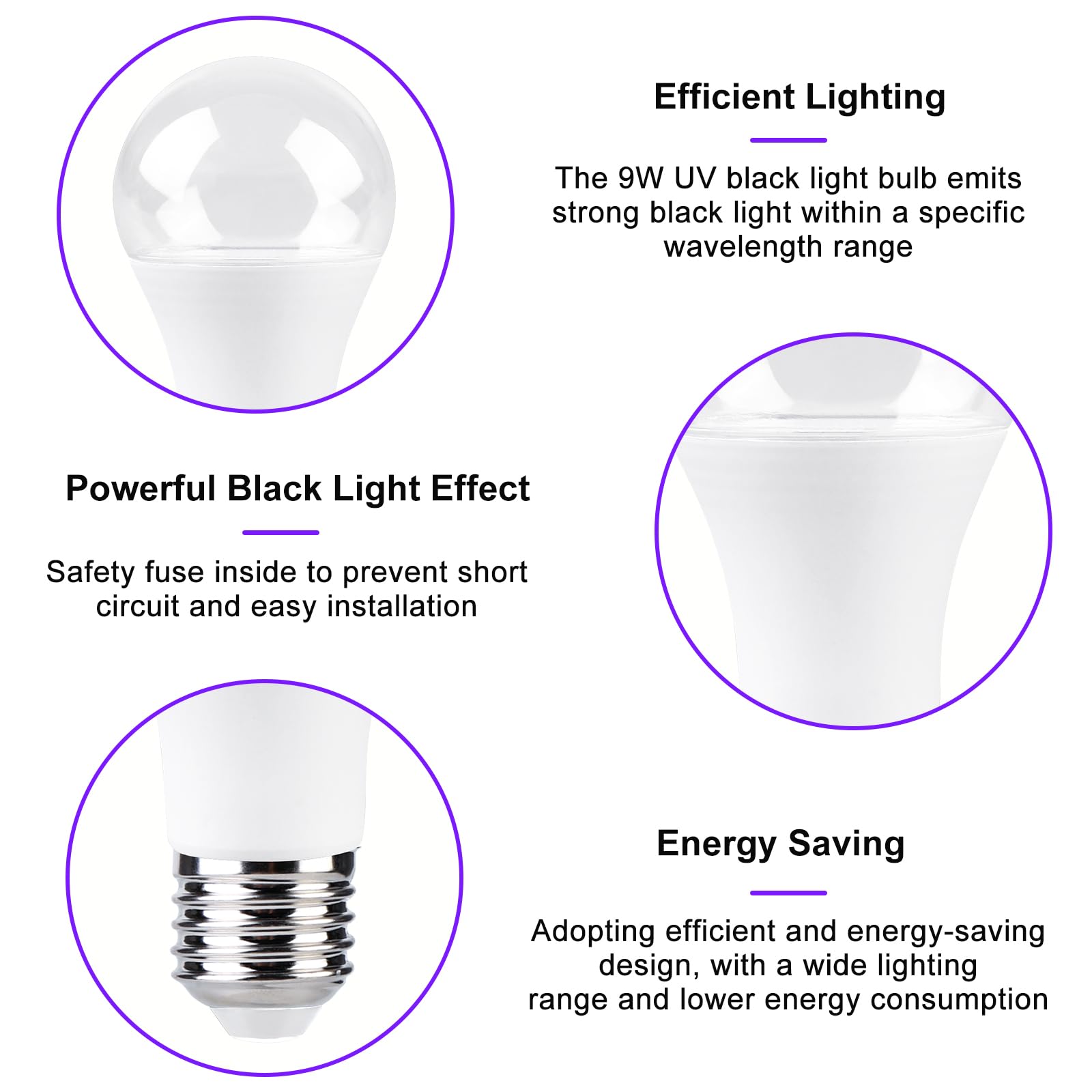 BORDEAG Żarówka UV LED, zestaw 4 żarówek E27 o mocy 9 W, lampa ultrafioletowa LED, fioletowa lampa ultrafioletowa UV-A, czarna żarówka UV, na festiwale, imprezy, bary