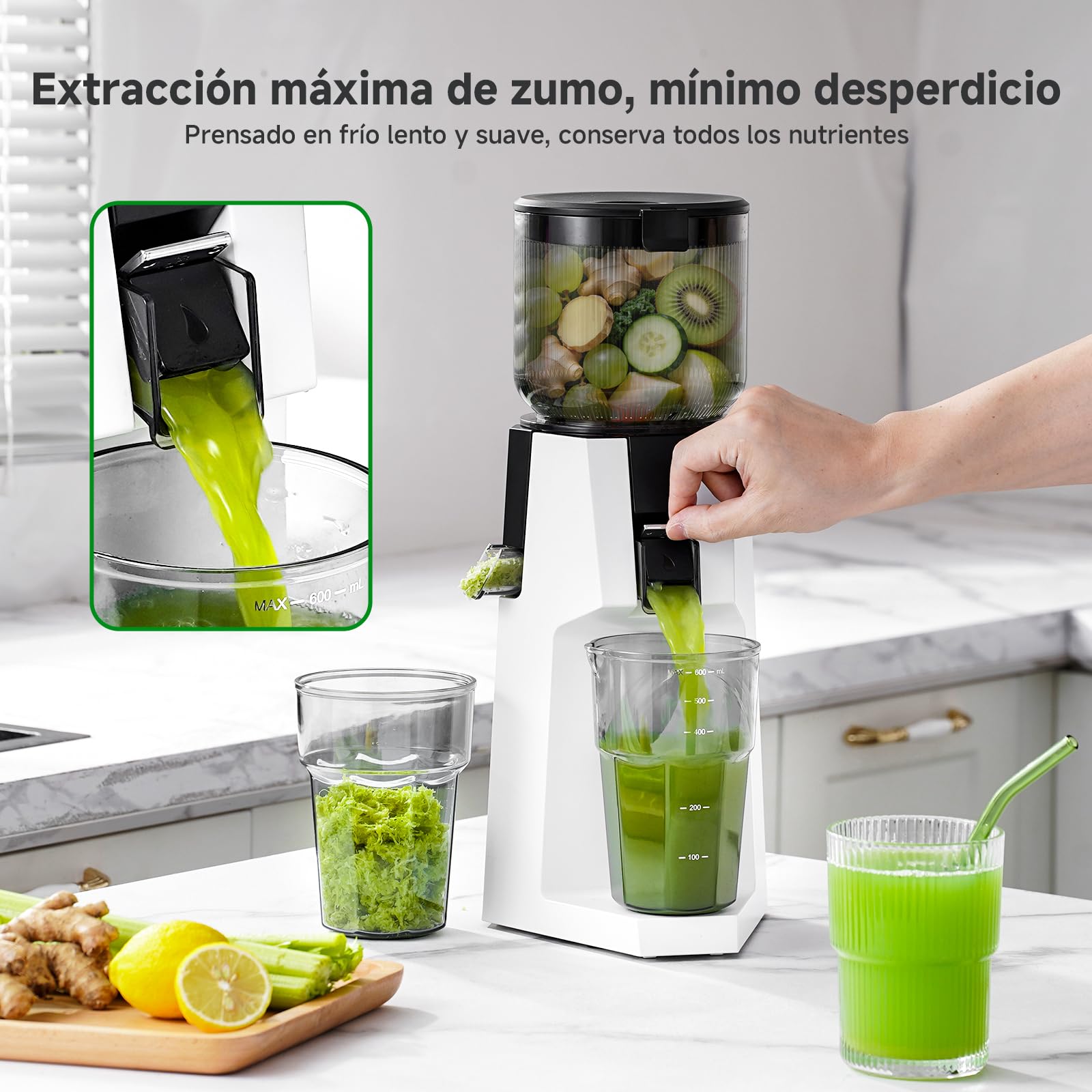 AAOBOSI Exprimidor, 200 W, exprimidor de verduras y frutas, ganador de la prueba con 132 mm gran orificio de llenado sin precorte, exprimidor lento con 700 ml sin bisfenol A recipiente para frutas y