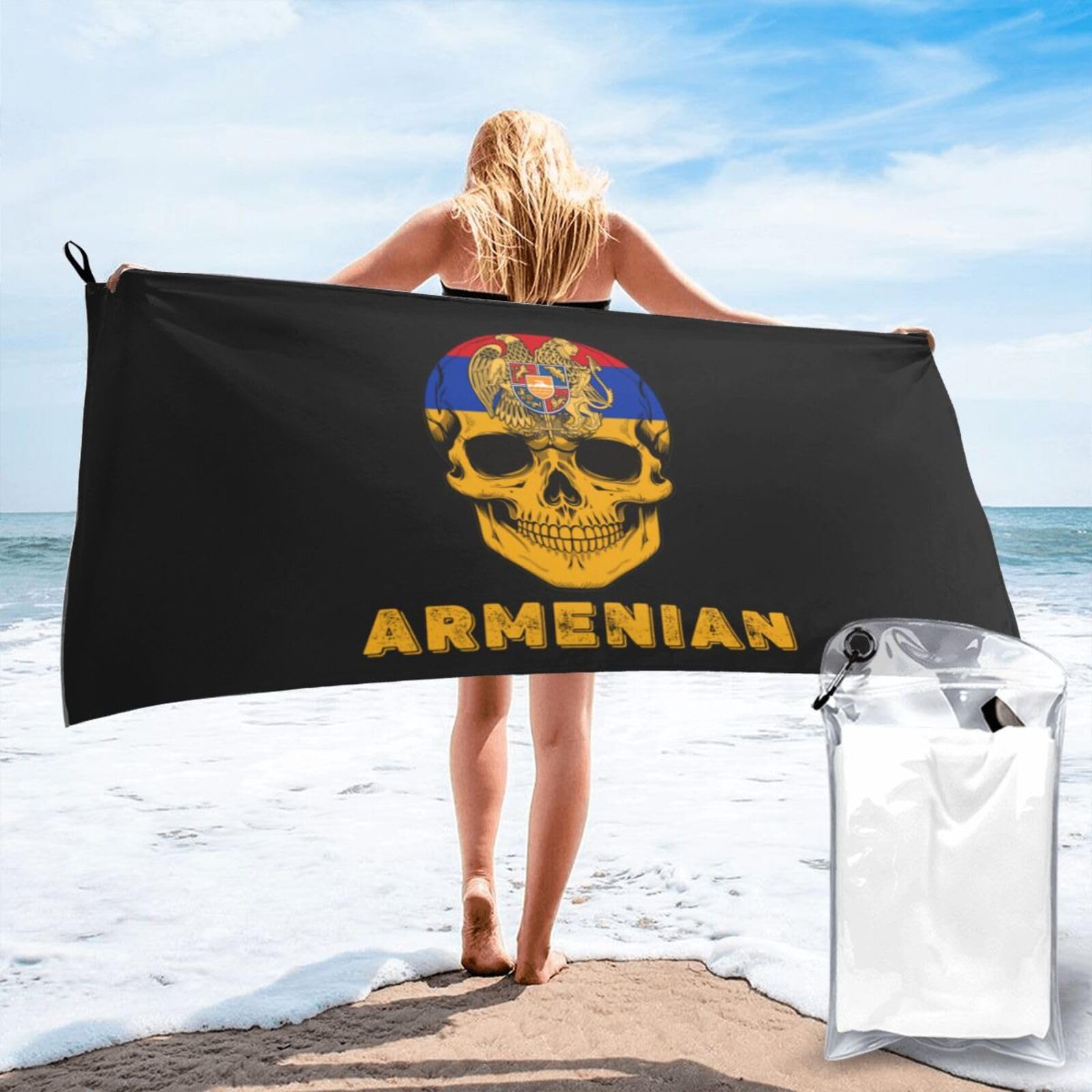 HACXZ Skull Armenian Flag Lightweight Absorbent Beach Towel Microfiber Beach Towel 31.5"X63"