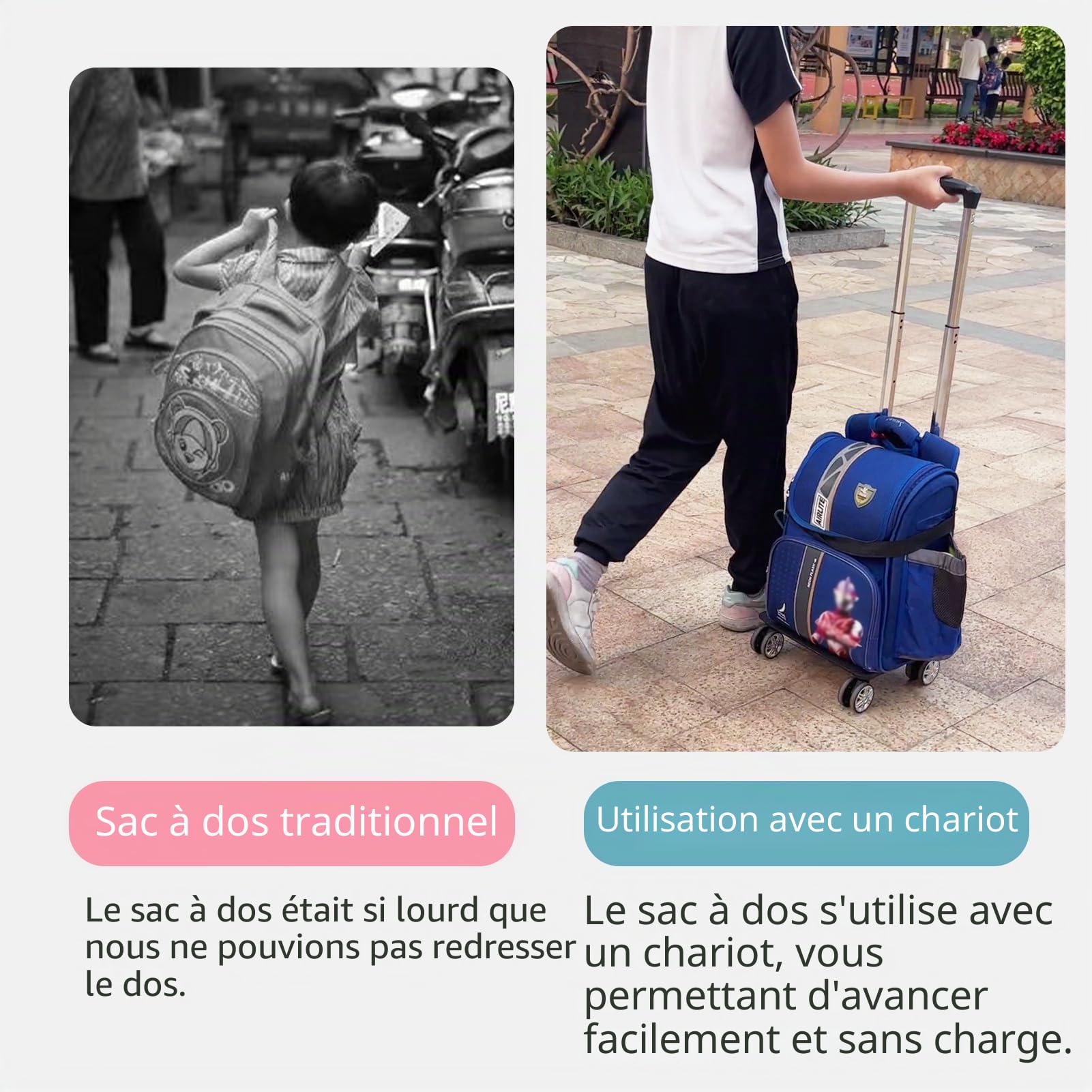Chariot à dos à roulettes avec sangle de bagage, chariot pliable en alliage d'aluminium pour cartable, sac à dos, chariot de voyage