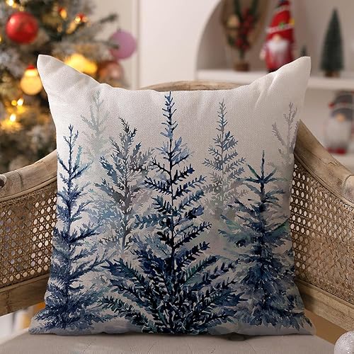 Miniatura 8 de DFXSZ Juego de 2 fundas de almohada de Navidad de 18 x 18 pulgadas, diseño de acuarela azul y verde, árbol de Navidad, estilo rústico, estampado de