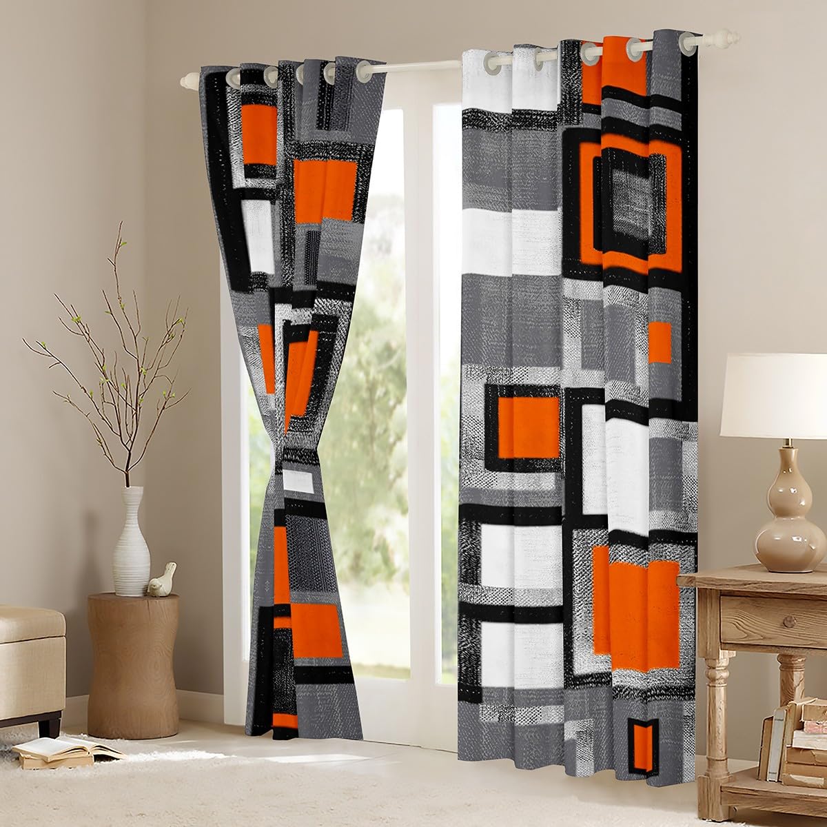 Geometric Curtains for Bedroom Living Room Kids Orange Grey Black Blackout Curtains(30%-50%) Buffalo Check Window Dreapes Modern Abstract Art Window Treatments W66*L72 - Image 3