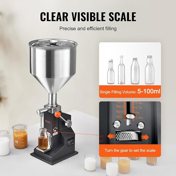 VEVOR Machine de Remplissage de Liquide Pâte Manuelle 5-100 mL Remplisseuse de Bouteille Réglable Acier Inoxydable avec Trémie pour Lait, Eau, Jus, Huile Essentielle, Shampoing, Miel, Crème Cosmétique - 3