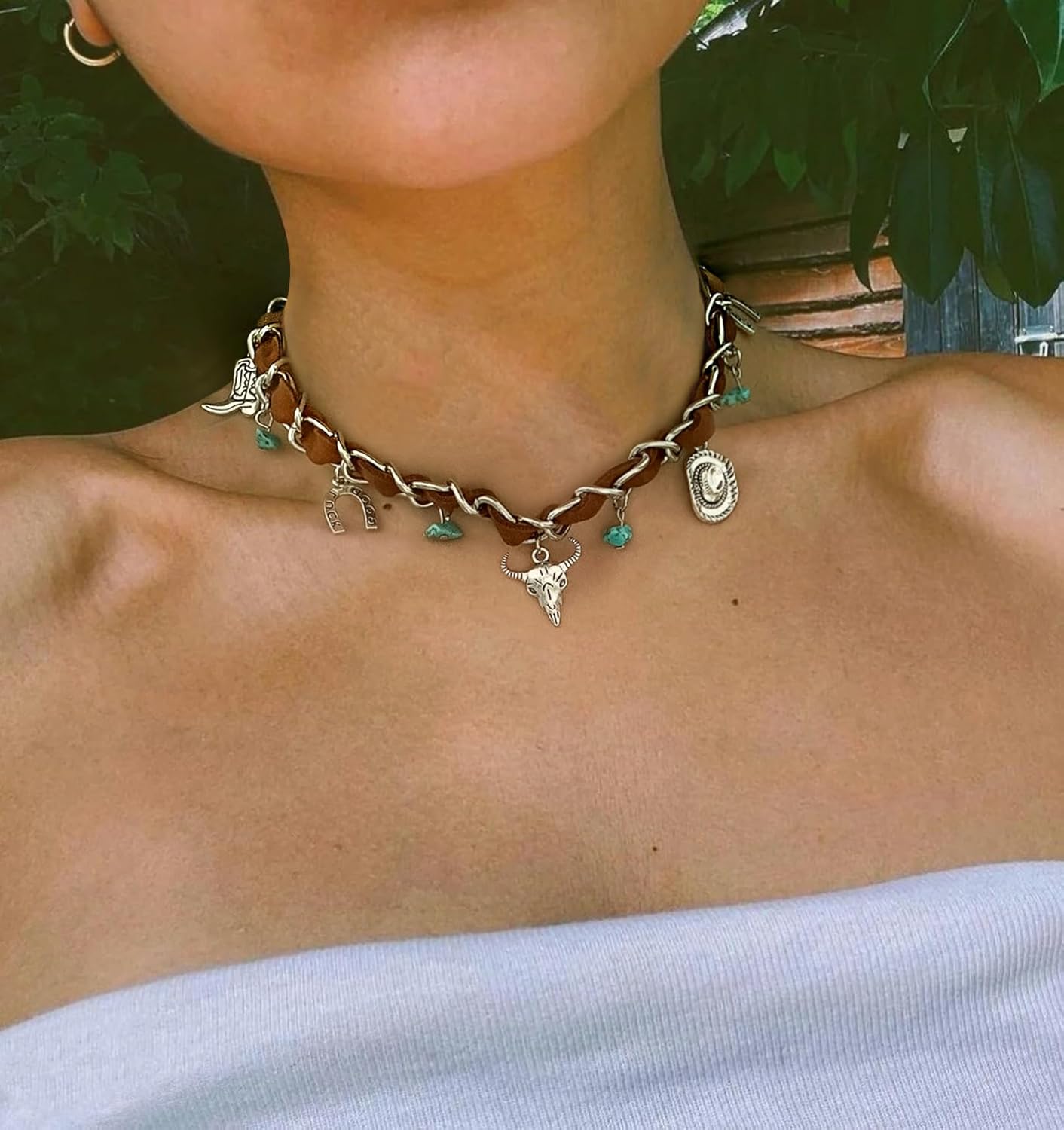 Cowgirl Necklace, Brown Velvet Choker Necklaces for Women, Western Silver Charm Necklace for Country Jewelry, Turquoise Choker for Good Luck - Image 3