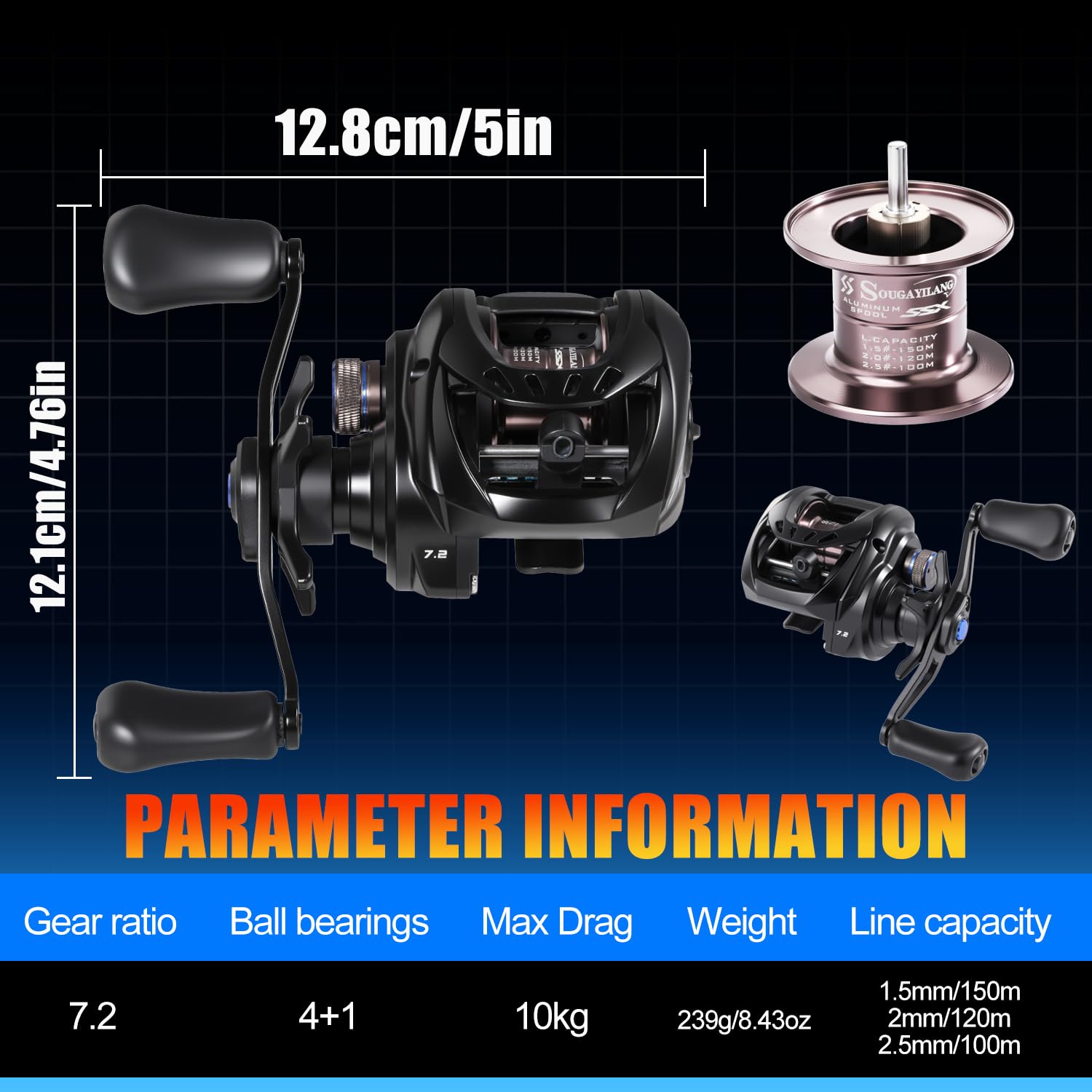 Sougayilang SSX-DC Baitcasting-Rolle–Digitales Bremssystem mit Mikrocomputersteuerung, kompaktes Aluminiumgehäuse, Übersetzung 7.2:1,maximale Bremskraft 10 kg,für Barschangeln und Küstenangeln.