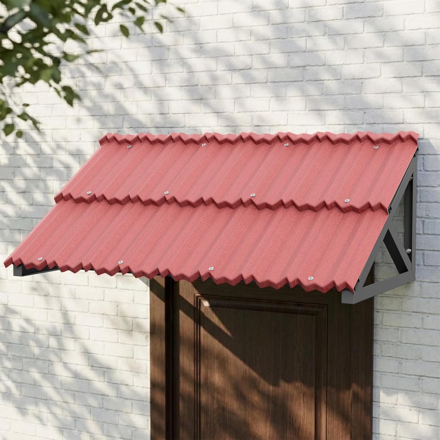 Fixed Metal Awning for Door Entrance, 52.7in x 29in, Triangular Steel Frame and Stone-Coated Steel Panel - Protects from Rain, Snow & Sun, for Porch, Windows, Patio & Balcony, Red