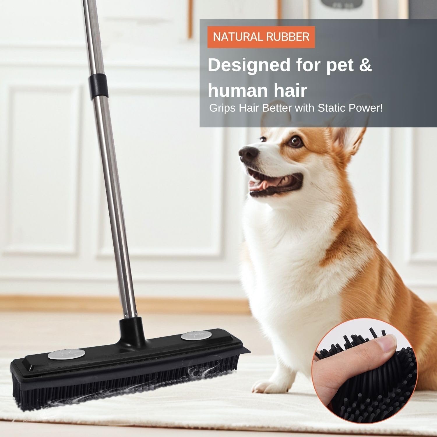 Touchless Vacuum Automatic Dustpan with Rubber Broom with Squeegee for Home Pet Hair Removal Long Handle Pet Hair Broom for Carpet, Hardwood Floor, Tile