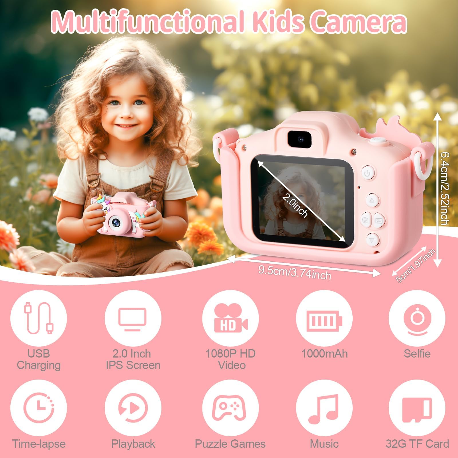 Aparat dla Dzieci z Ekranem 2,0 cala o Rozdzielczości 1080p, Wyposażony w Kartę SD o Pojemności 32 GB – Cyfrowy aparat do Selfie dla Chłopców i Dziewczynek