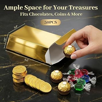 VGOODALL 50 Pack Party Favor Boxes, 5.5 x 3.2 x 1.6 Gold Bar Candy Boxes for Chocolates Coins Gold Bar Theme Decoration