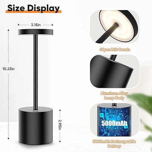 Miniatura 2 de Cordless Table Lamps for Bedrooms Set of 2 5000mAh Rechargeable Battery Operated Small Table Lamp with Stepless Dimming Metal Led Desk Lamp for
