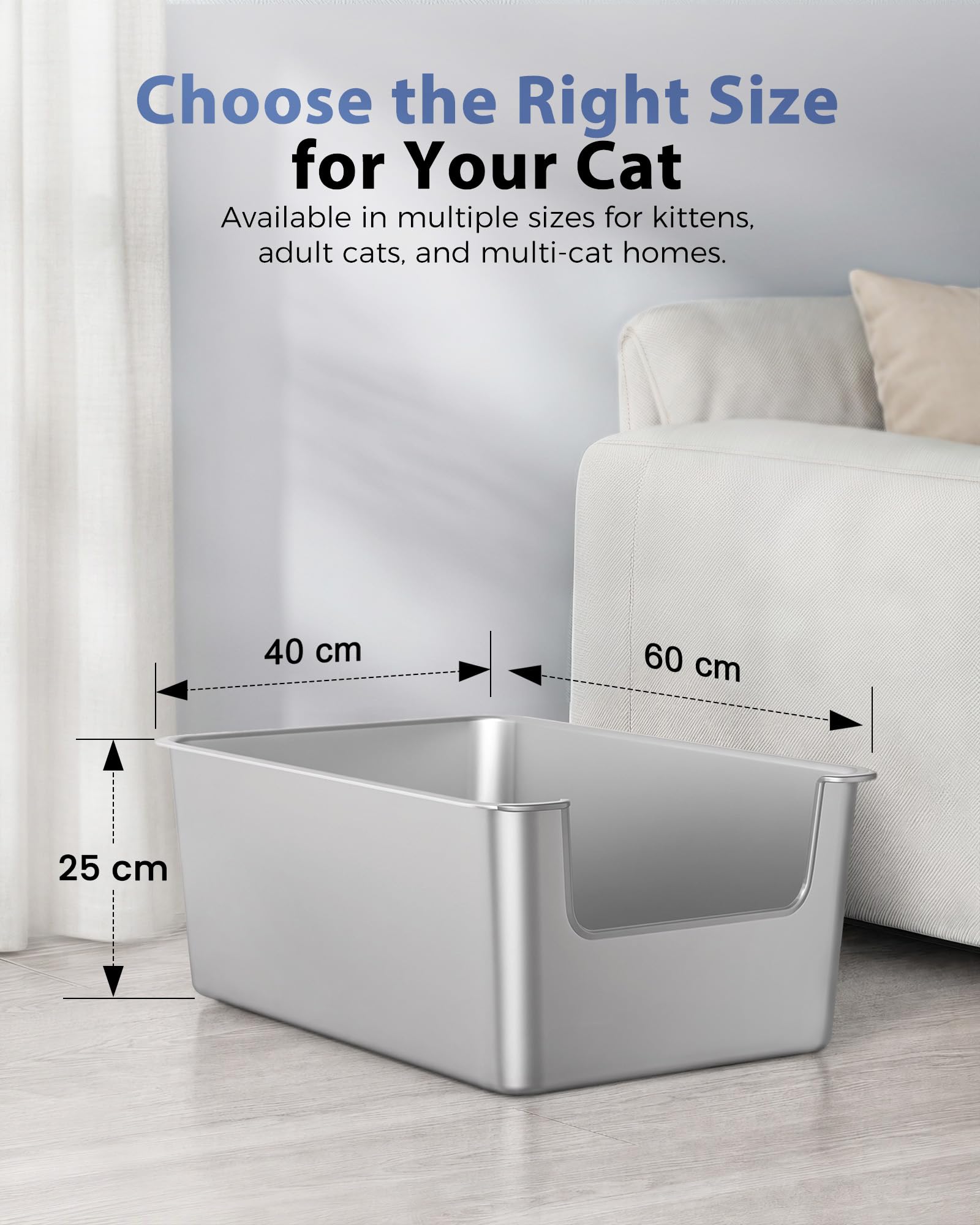 Bac Litière INOX à Bords Hauts, Maison de Toilette Ouverte pour Chat