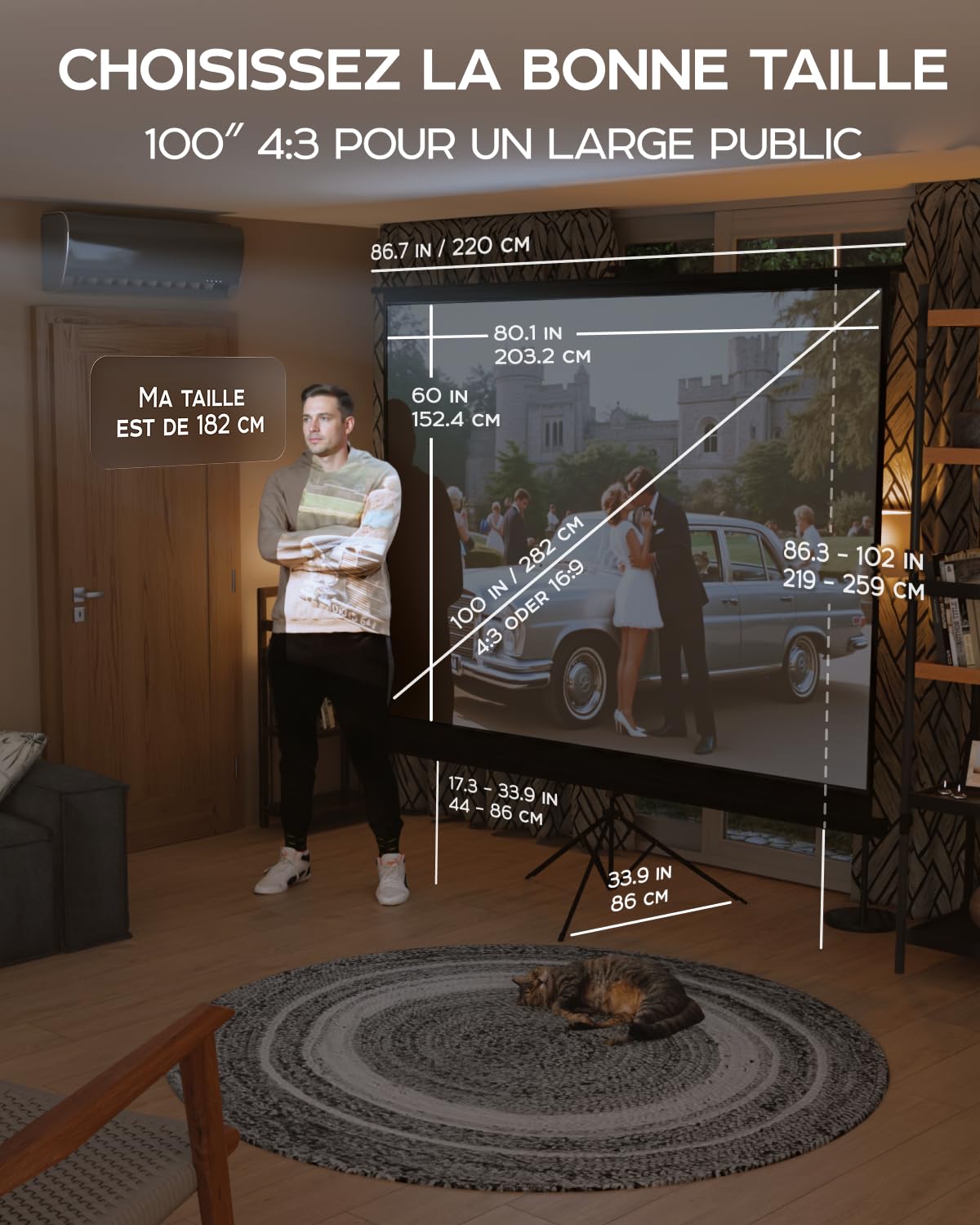 Écran de Projection sur Pieds 100 Pouces - Écran pour projecteur intérieur et extérieur pour Films ou présentations - Réglable de 4:3 à 16:9 Écran sur trépied HD Premium sans pli avec Sac, Mat