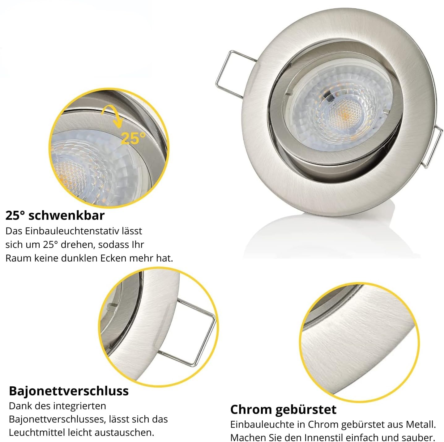Sweet Led Einbaustrahler flach deckenspots austauschbare LED Modul einbauspots 230V spots 5W 4000K deckenleuchten Bajonettverschluss deckenstrahler Druckguss schwenkbar Einbau tiefe 30mm 6 stück